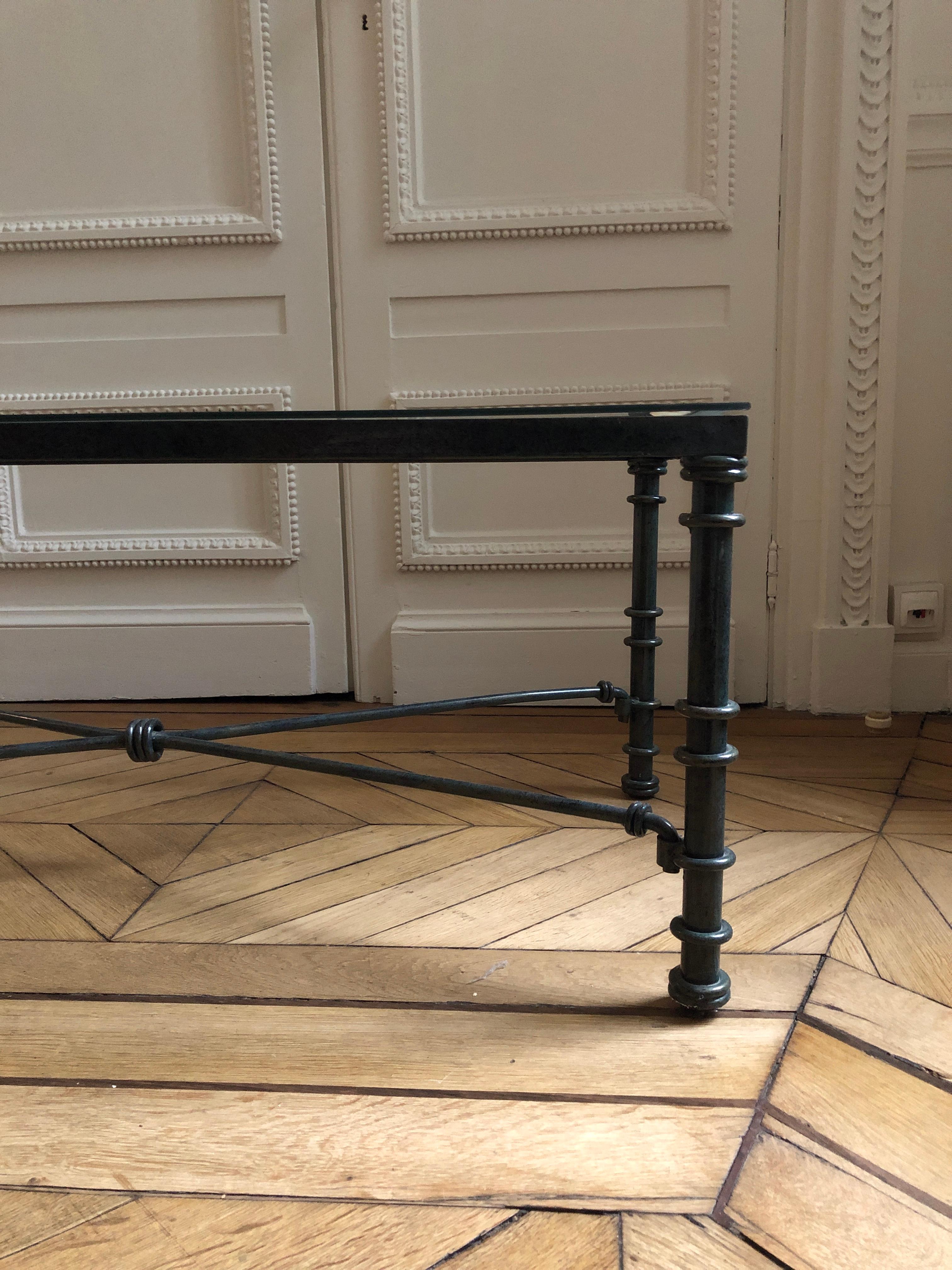 Giacometti Style Metal and Glass Patinated Coffee Table In Fair Condition In PARIS, FR