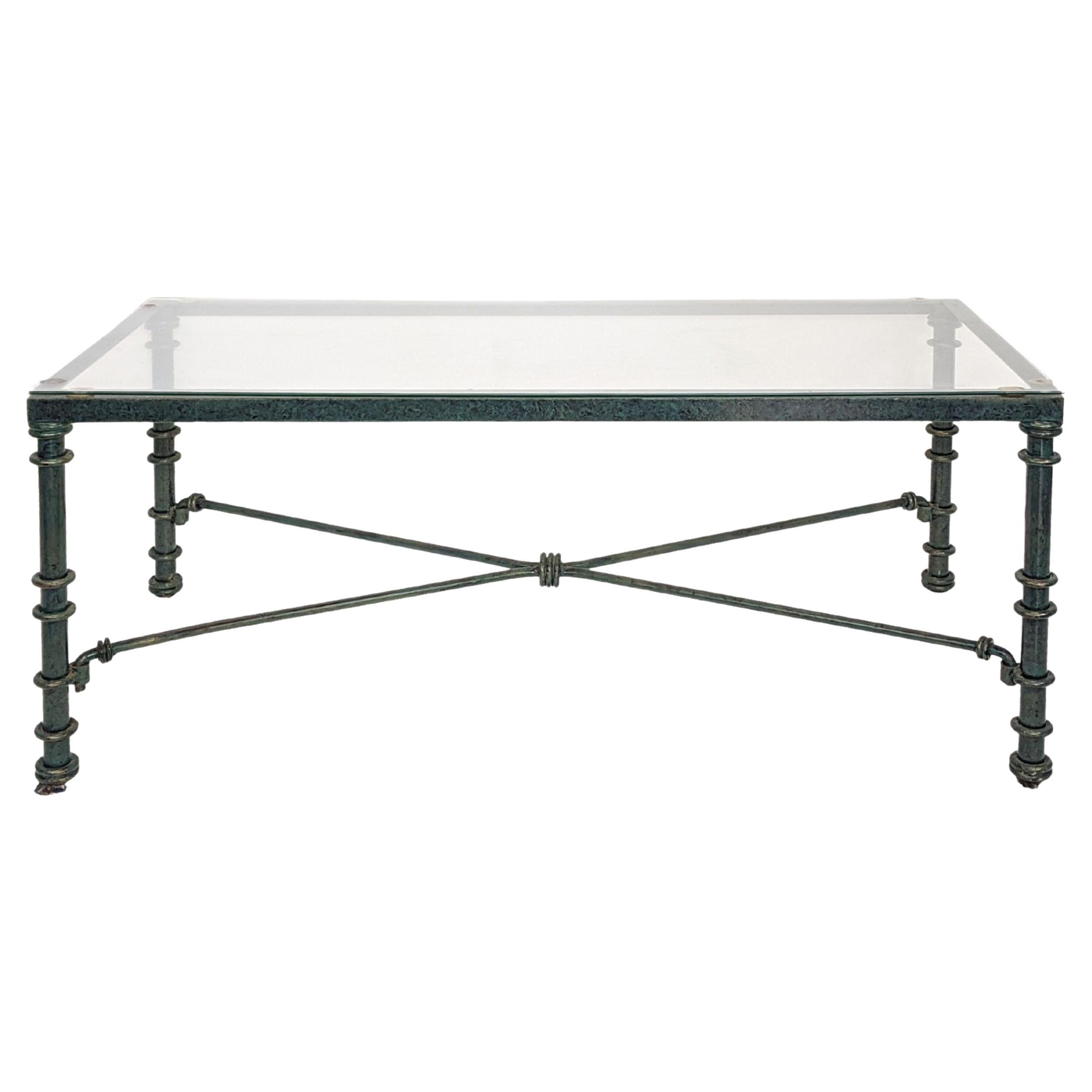 Giacometti Style Metal and Glass Patinated Coffee Table