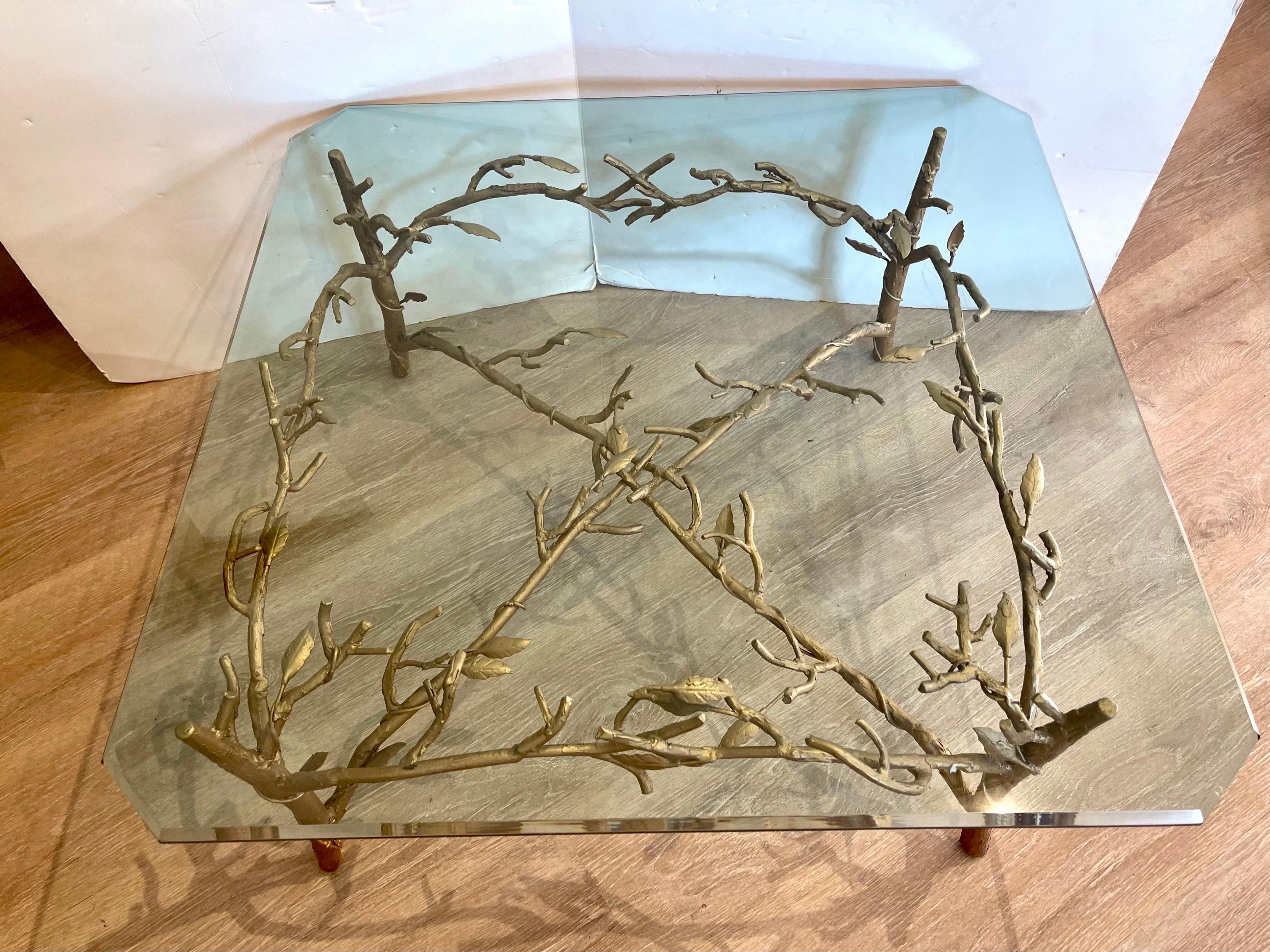 Italian Giacometti Style Metal and Glass Top Sculptural Tree Vine Coffee Cocktail Table