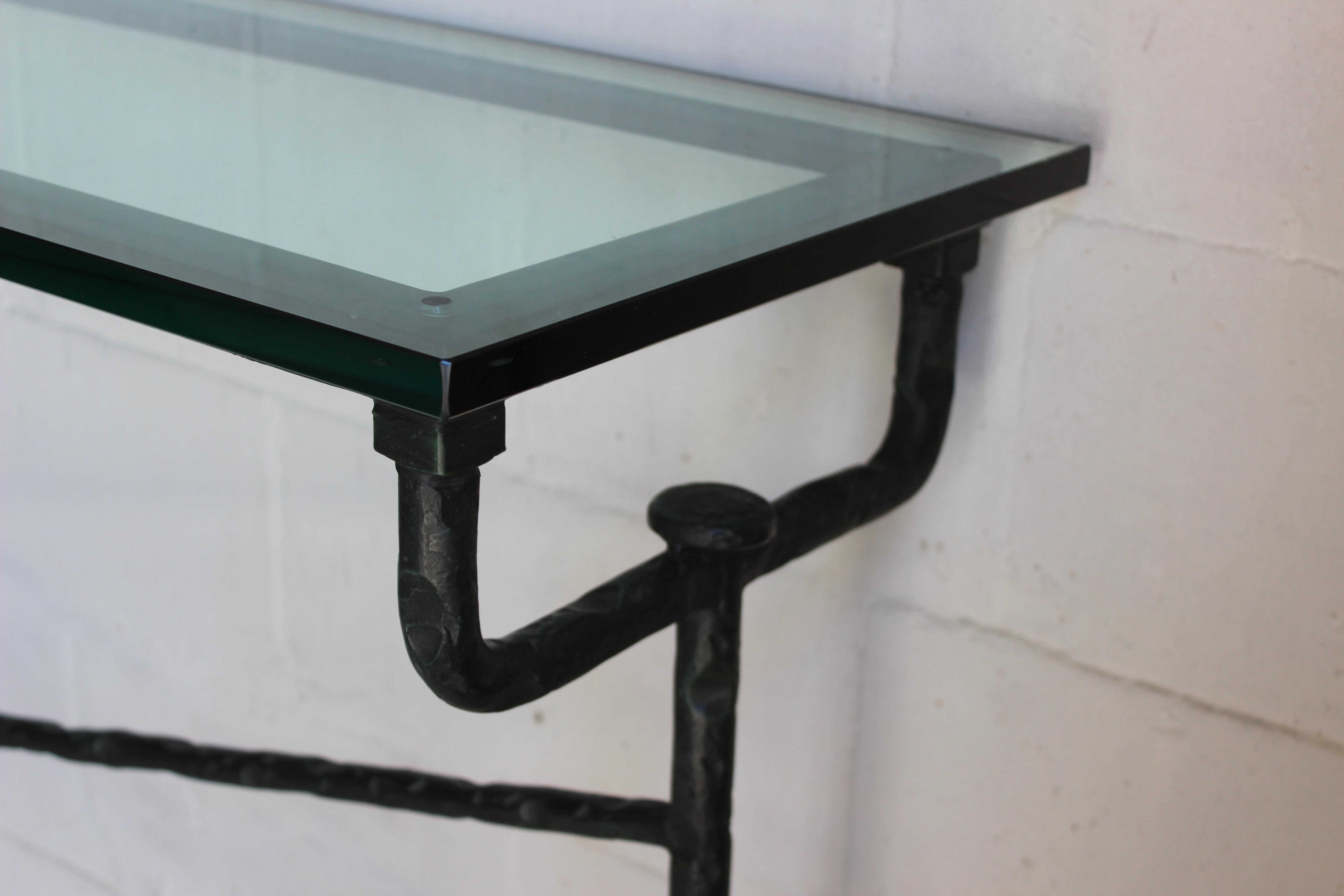 Metal Giacometti Style Bronze Console with Glass Top