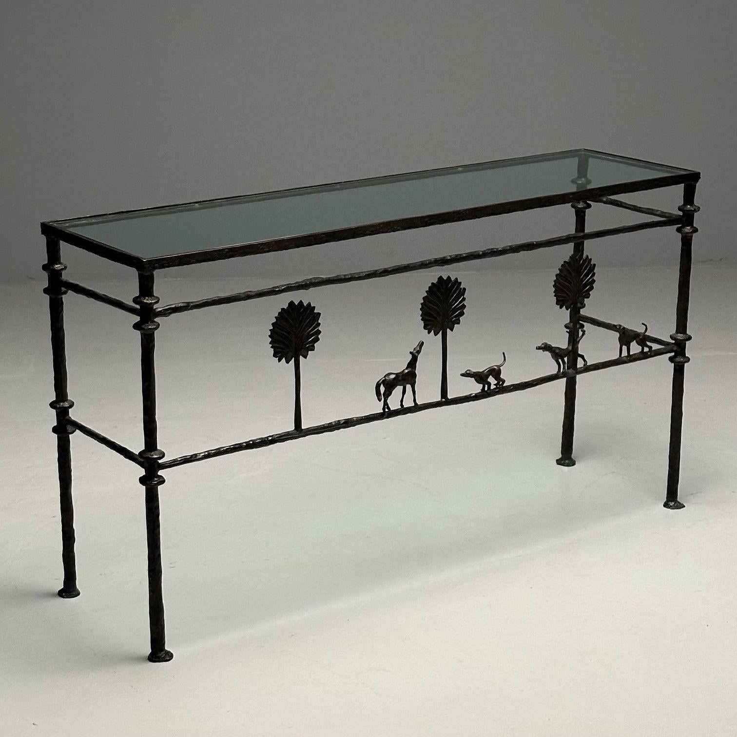 Giacometti Style, Mid-Century Modern, Console Table, Iron, Glass, Dog, Horse and Tree of Life Motif

A stunning wrought iron console with a thick glass top in fine condition. Its clean, simple lines are undeniably modern in design and contrast with