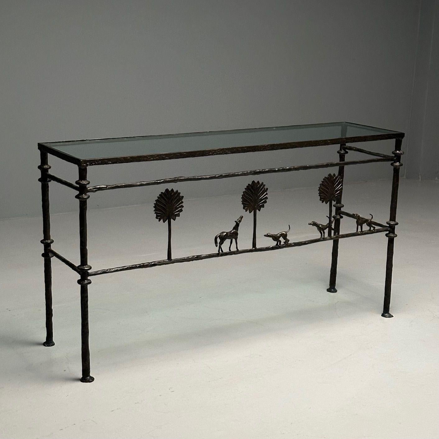 Iron Giacometti Style, Mid-Century Modern, Console Table, Horse, Dog, Tree Motif For Sale