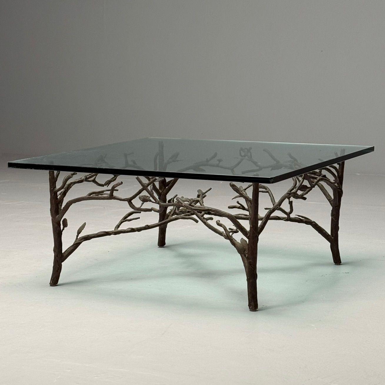 American Giacometti Style, Mid-Century Modern, Square Coffee Table, Nature Motif, Metal