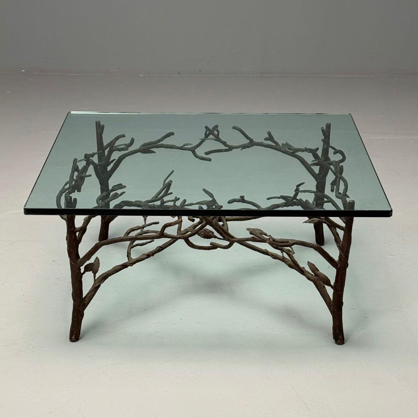 Giacometti Style, Mid-Century Modern, Square Coffee Table, Nature Motif, Metal In Good Condition In Manhasset, NY