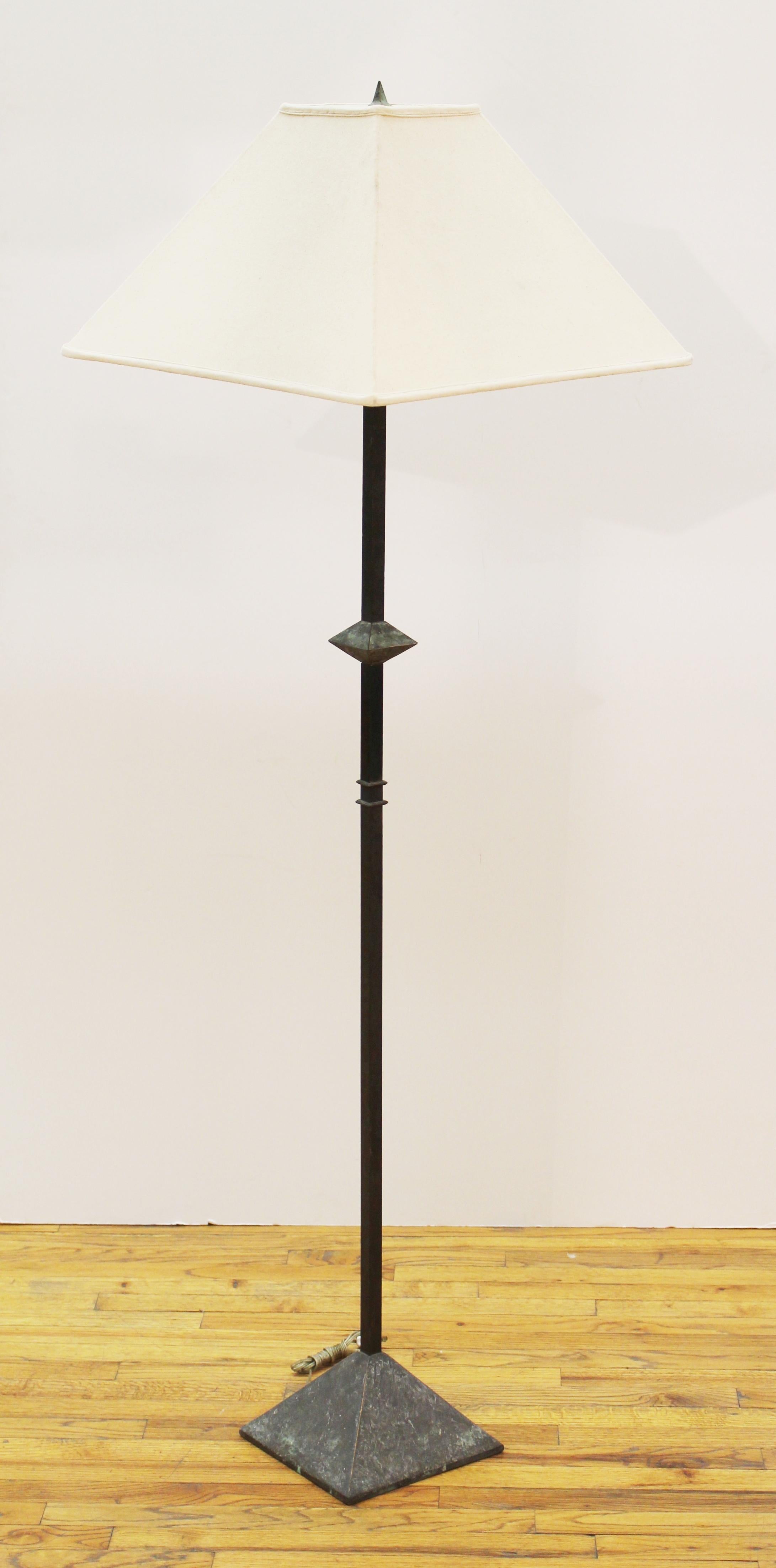 Giacometti style modern bronze floor lamp, with original fabric shade.
