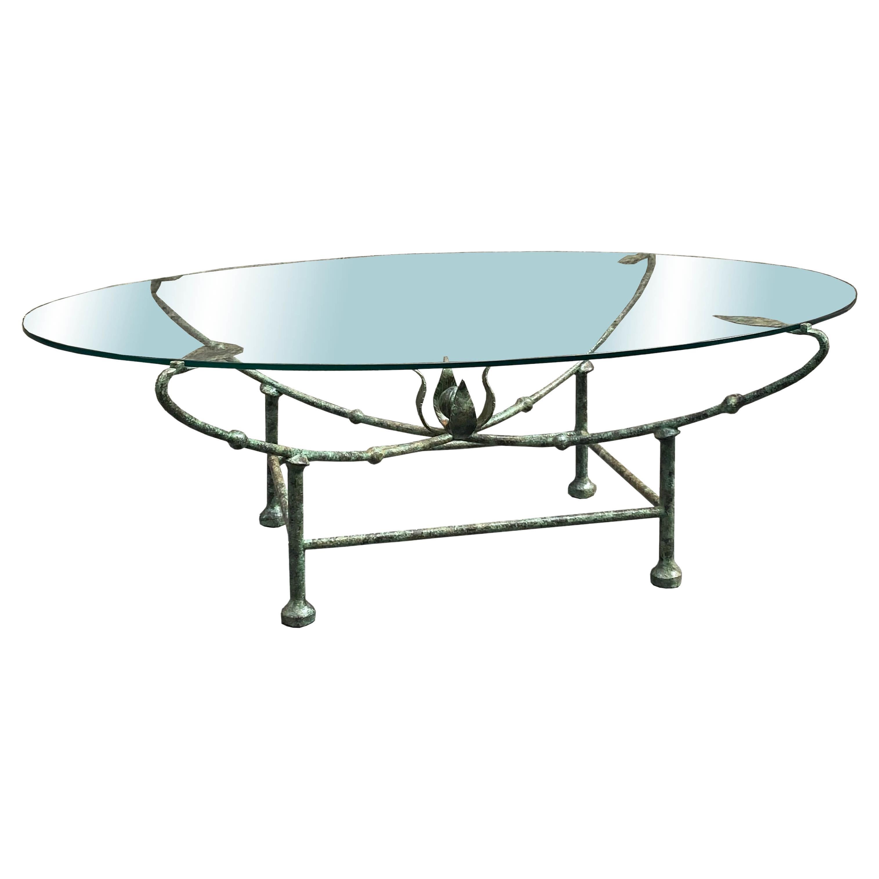 Giacometti Style Oval Wrought Iron Coffee Table with Glass Top, Italy, 1970s