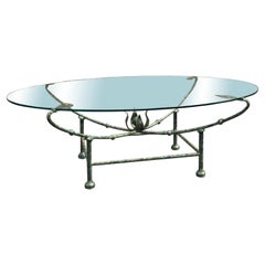 Giacometti Style Oval Wrought Iron Coffee Table with Glass Top, Italy, 1970s