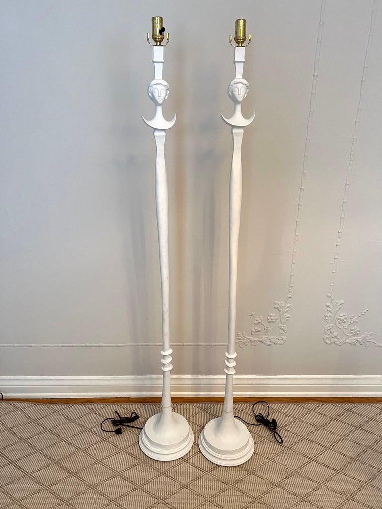 Giacometti Style Pair Gesso over Bronze Floor Lamps For Sale 1