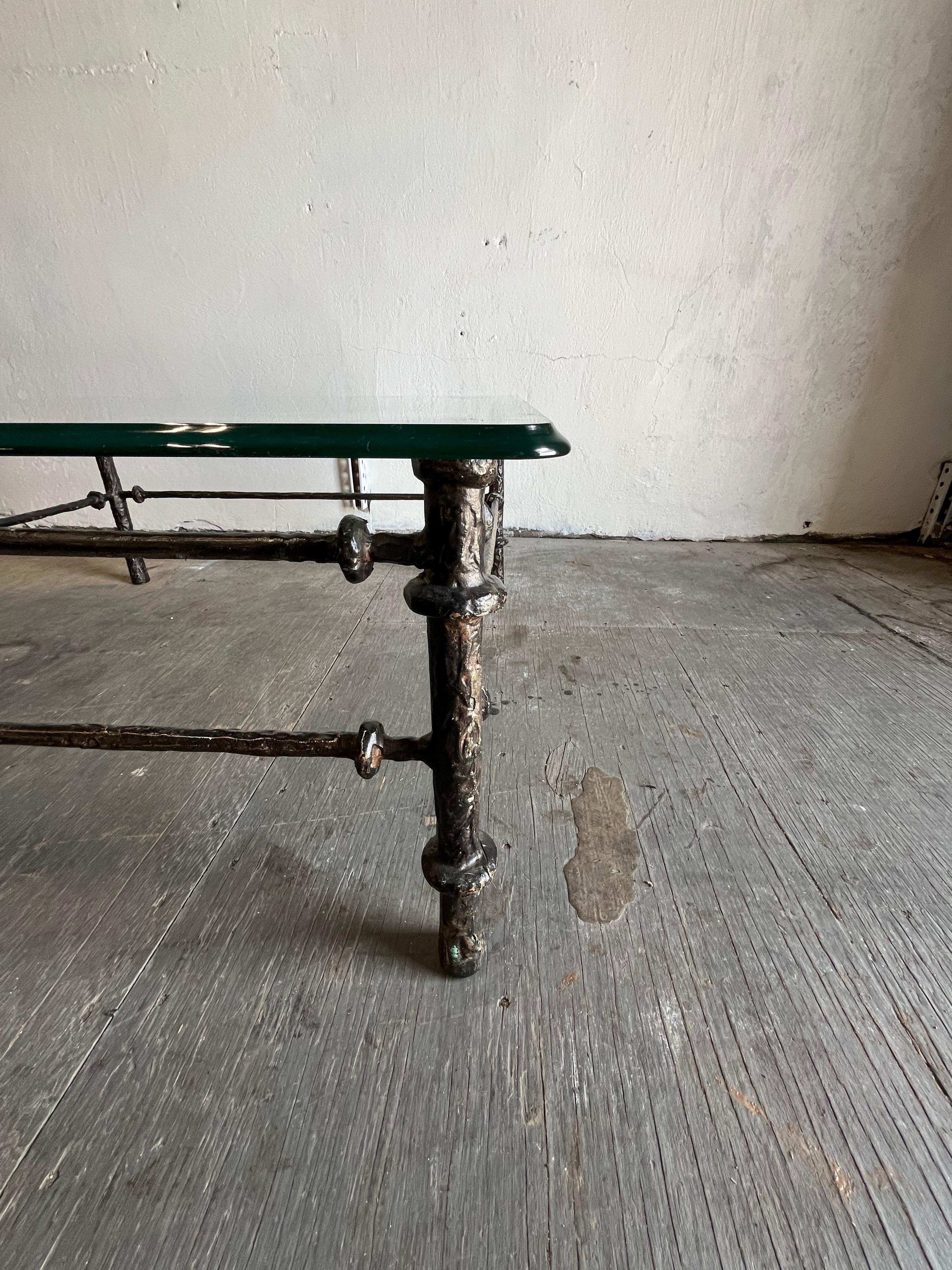 Mid-Century Modern Giacometti Style Patinated Bronze Finish Square Coffee Table For Sale