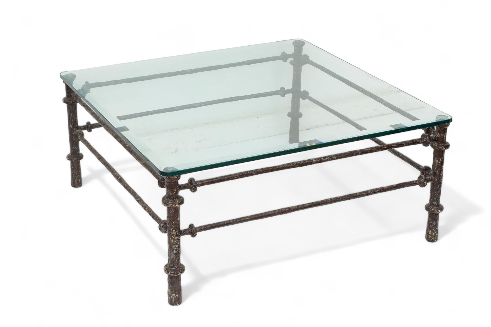 Mid-Century Modern Giacometti Style Patinated Bronze Finish Square Coffee Table For Sale