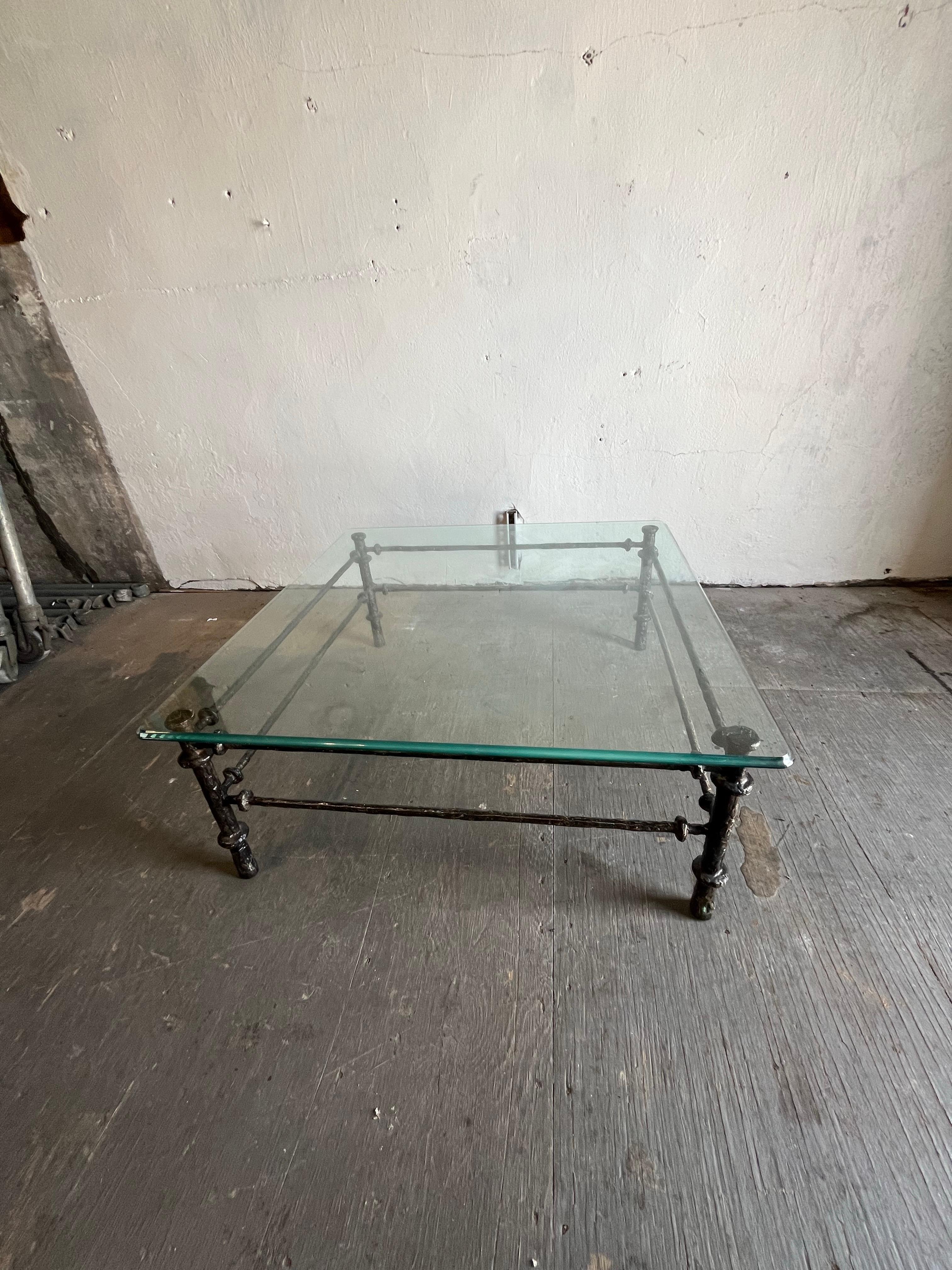 Beveled Giacometti Style Patinated Bronze Finish Square Coffee Table For Sale