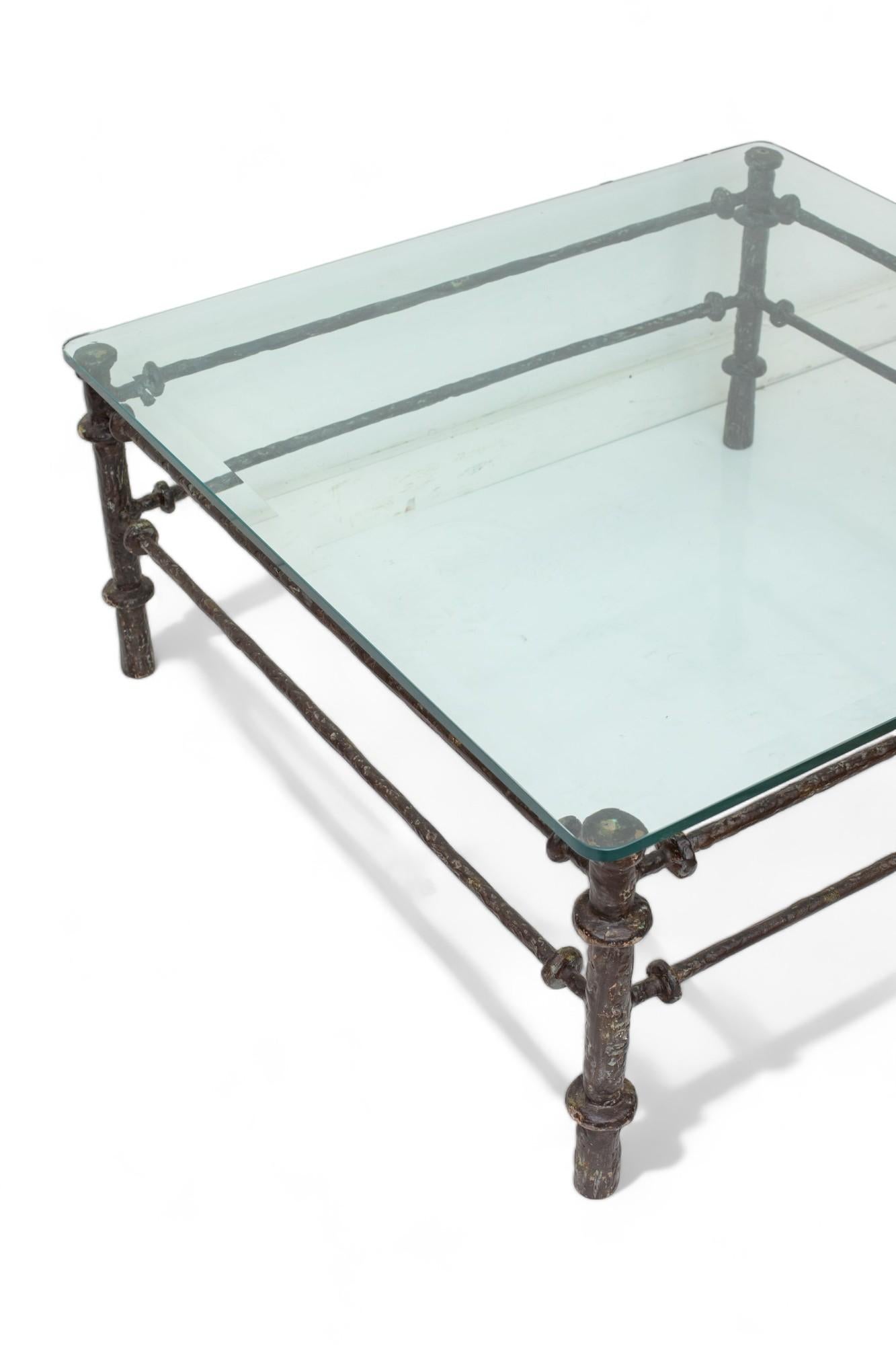 Giacometti Style Patinated Bronze Finish Square Coffee Table In Excellent Condition For Sale In Miami, FL