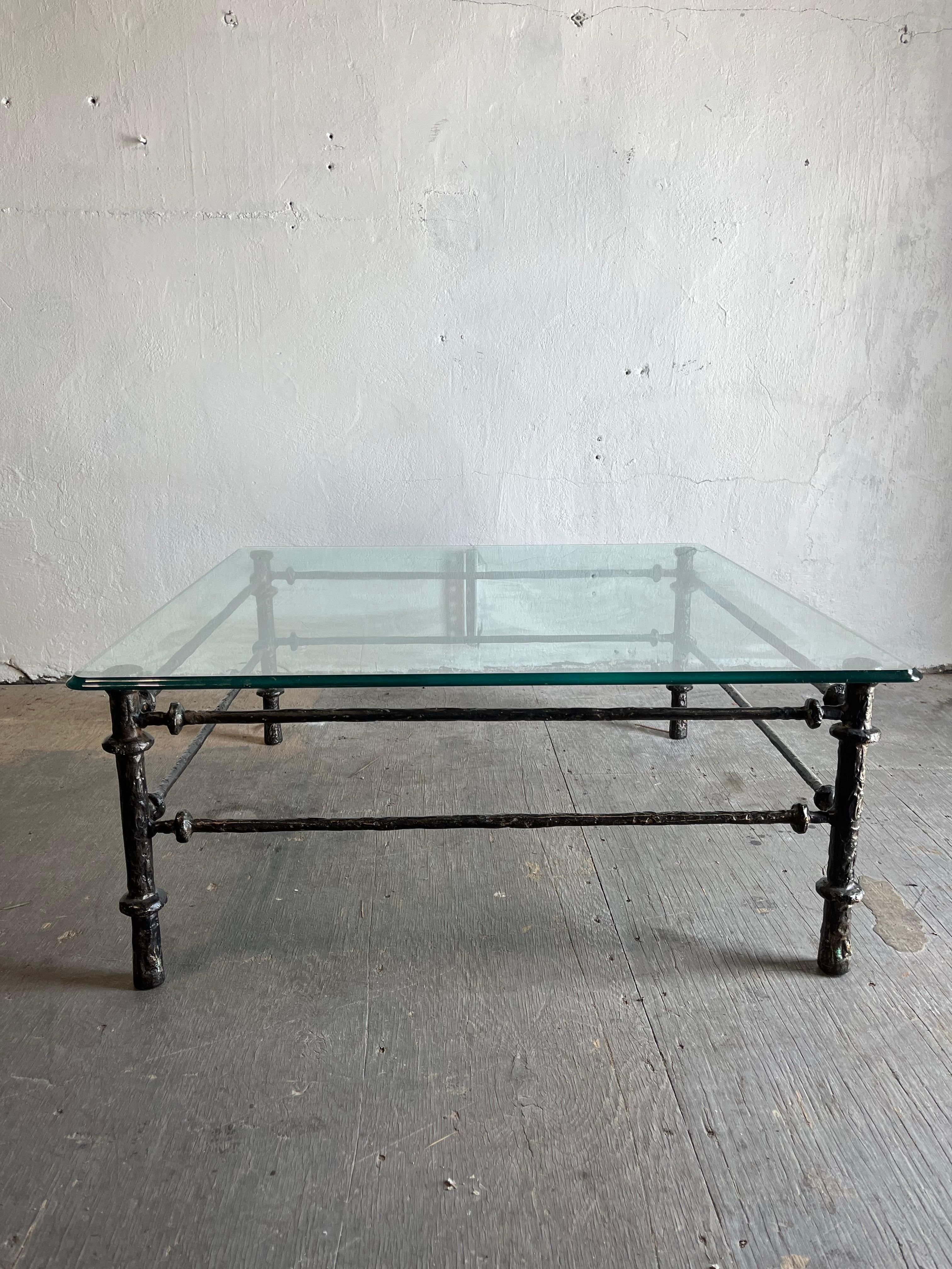 Giacometti Style Patinated Bronze Finish Square Coffee Table In Good Condition For Sale In W Allenhurst, NJ