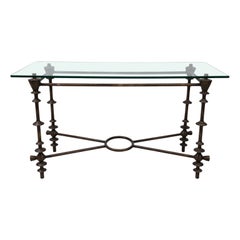 Giacometti-Style Patinated Bronzed and Glass Console Table