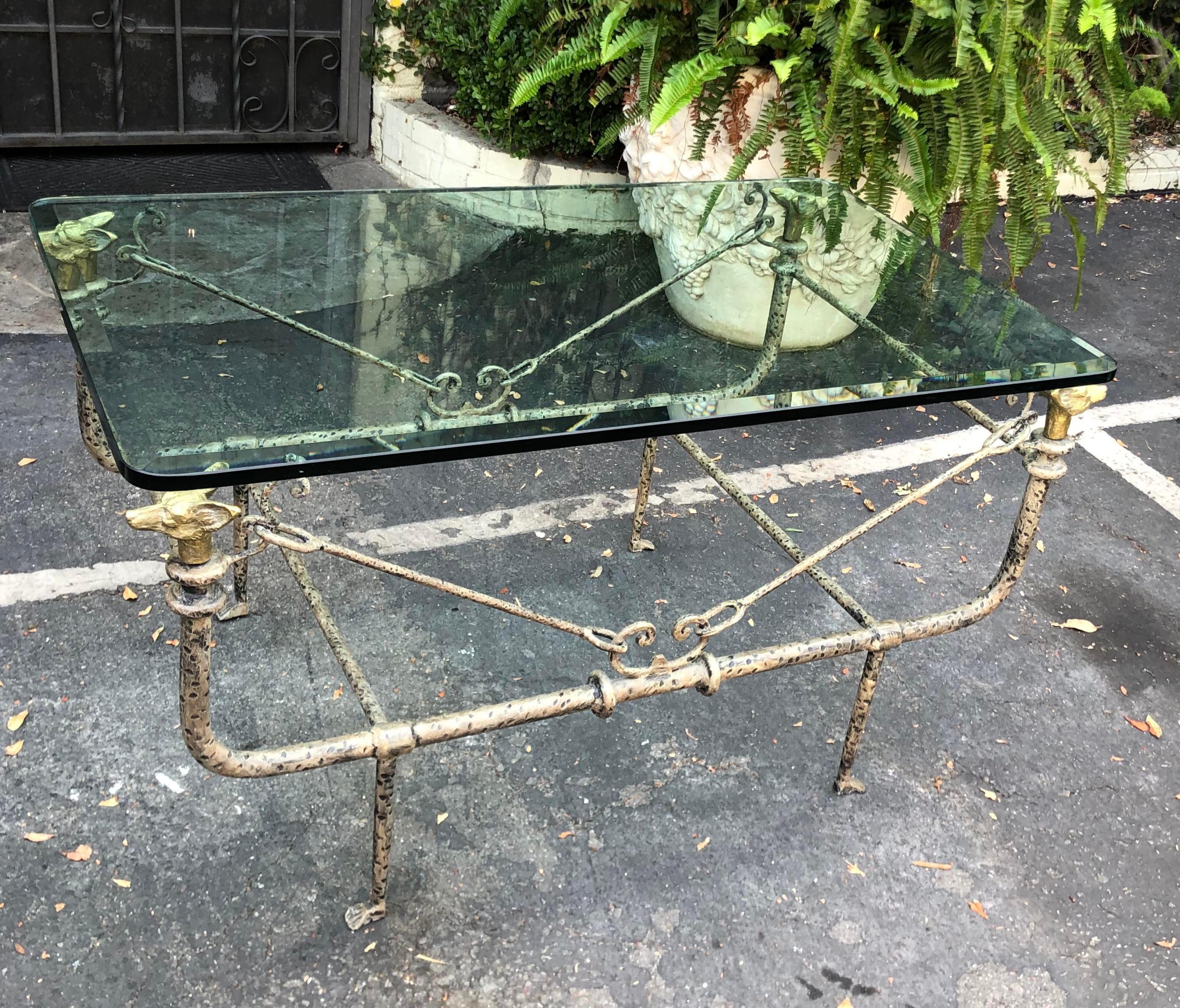 Giacometti Style Paul Ferrante Wrought Iron Hound Head Cocktail Table In Good Condition In LOS ANGELES, CA