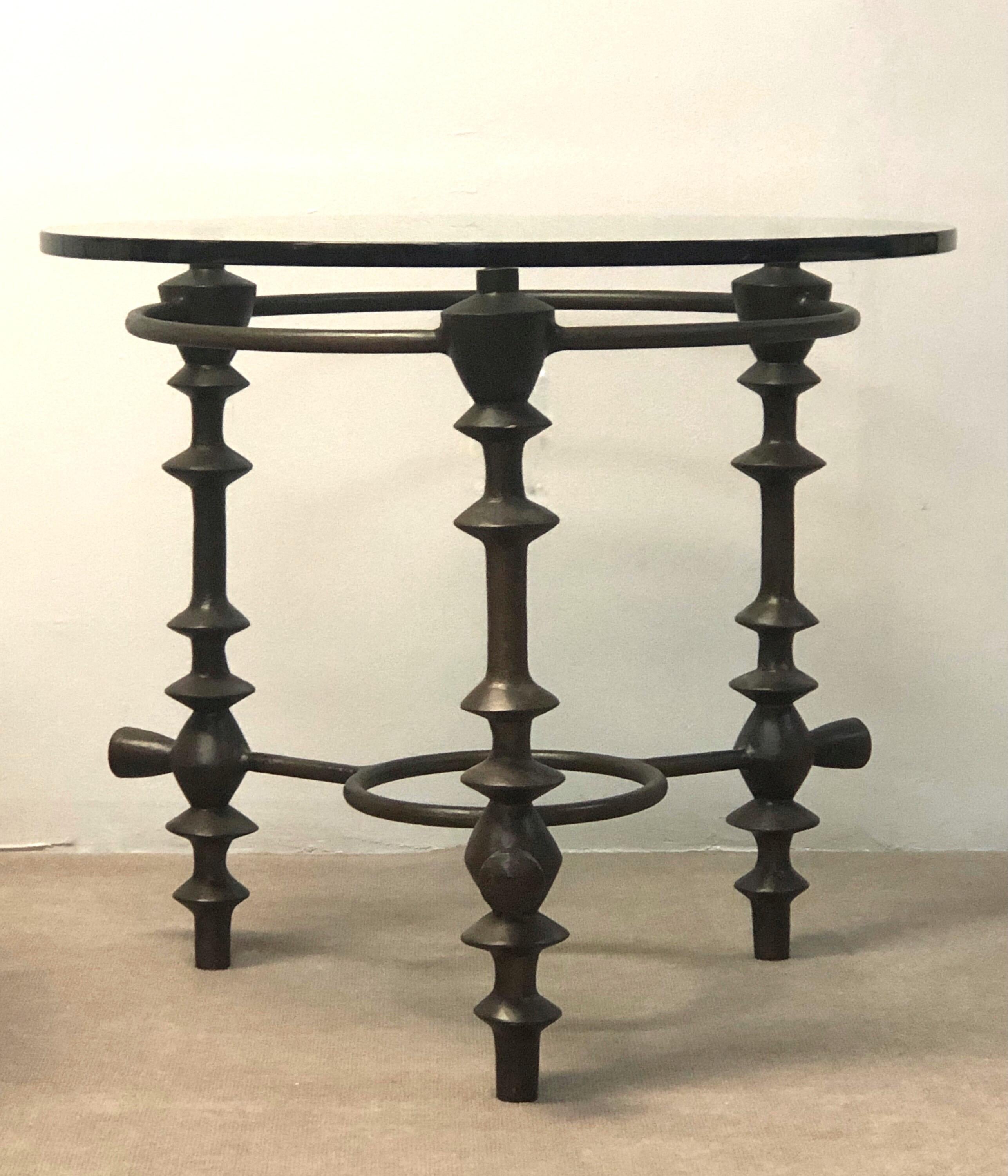 Giacometti Style Round Bronzed Metal and Glass Center Table In Good Condition In Miami, FL