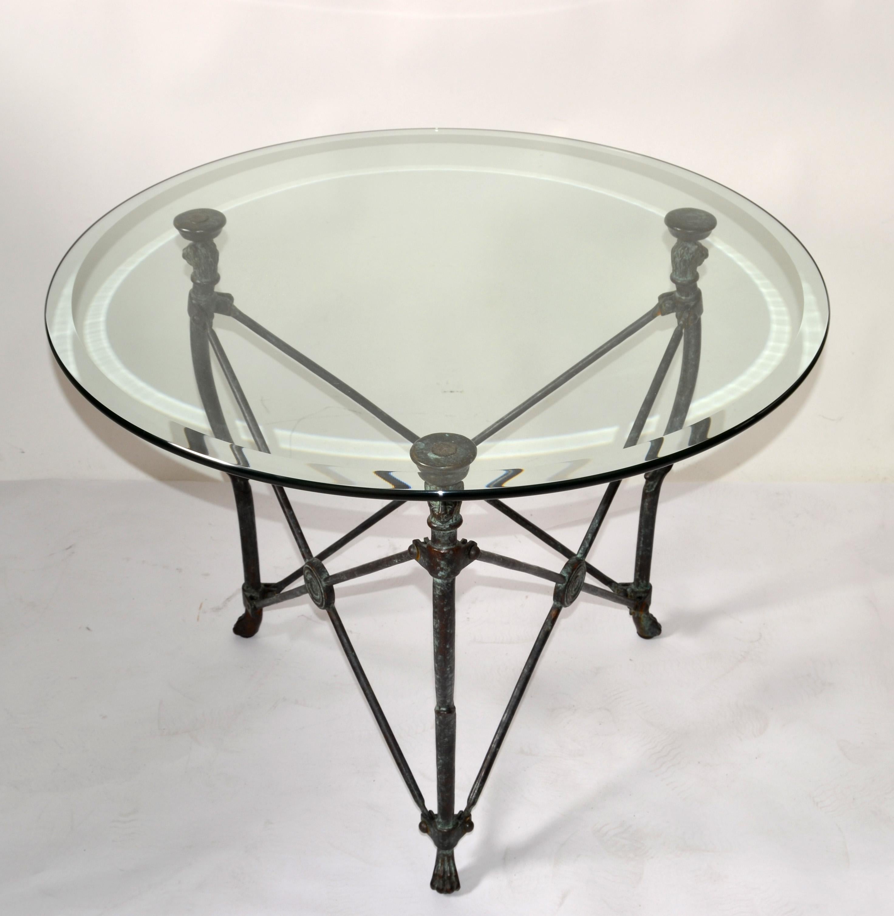 Beveled Giacometti Style Round Neoclassical Solid Bronze Table Lion Heads Claw Feet  For Sale
