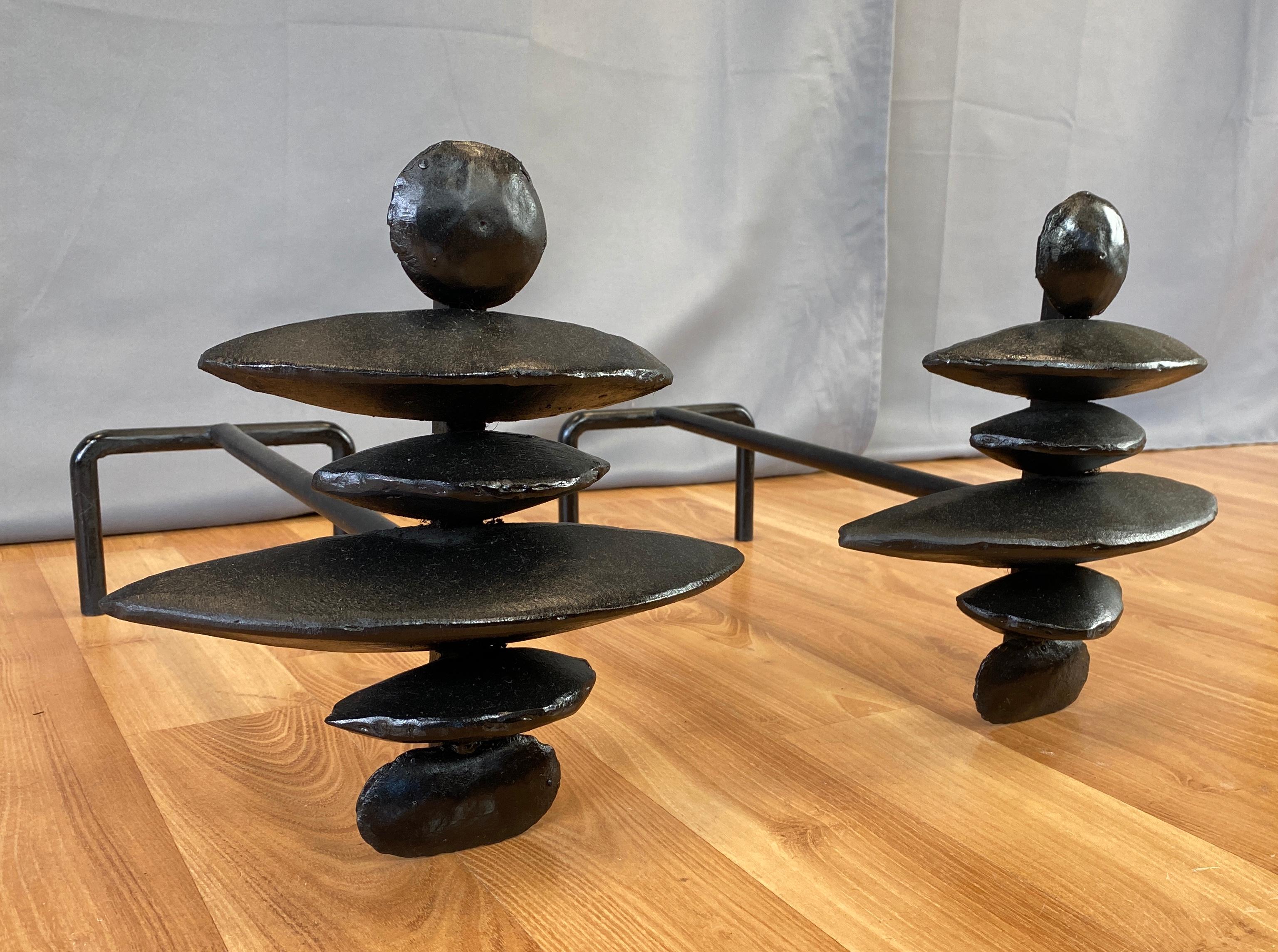 Brutalist Giacometti Style Sculptural Black Andirons a Pair