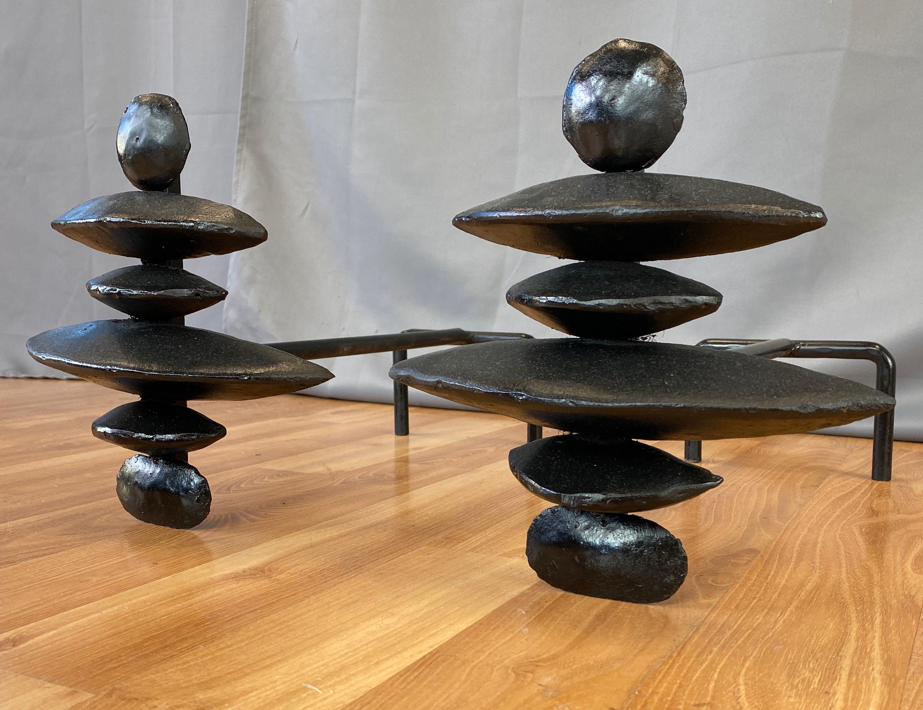 American Giacometti Style Sculptural Black Andirons a Pair