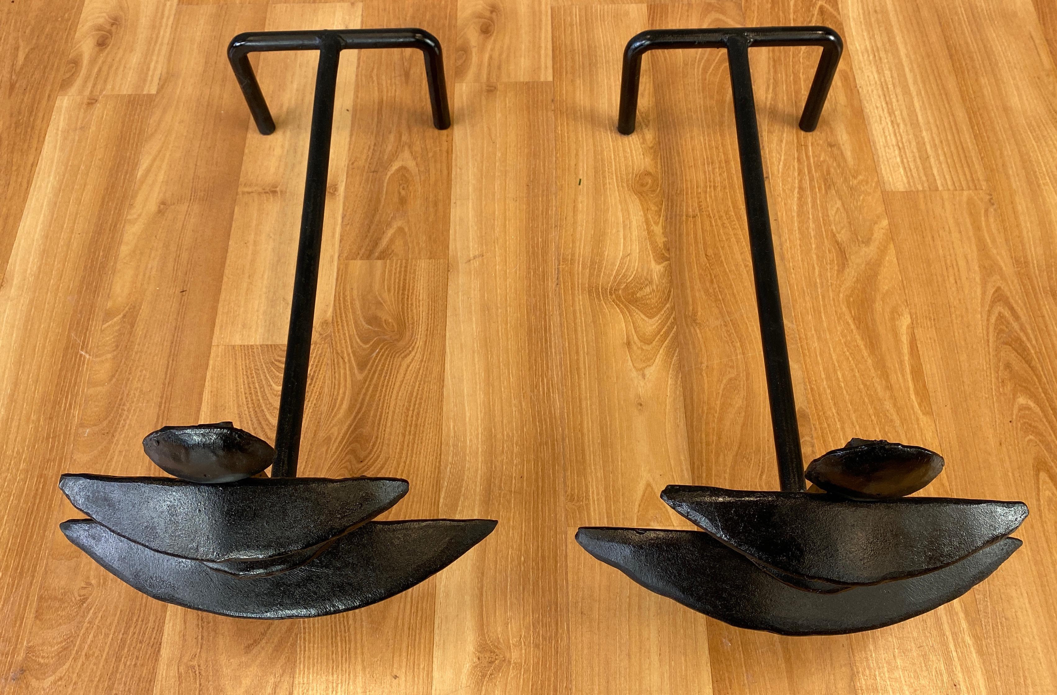 Metal Giacometti Style Sculptural Black Andirons a Pair