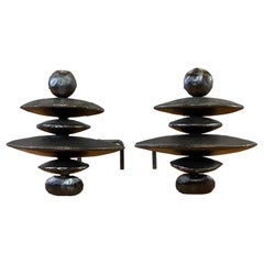 Giacometti Style Sculptural Black Andirons a Pair