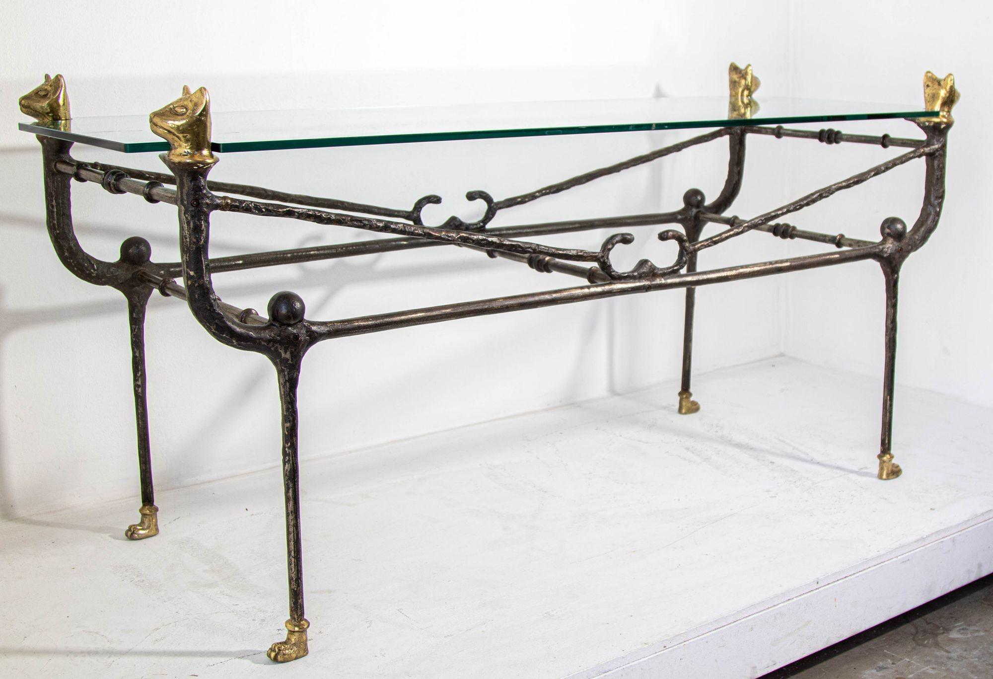 Giacometti Style Sculptural Brutalist Iron and Glass Console Table With Cat Head For Sale 5