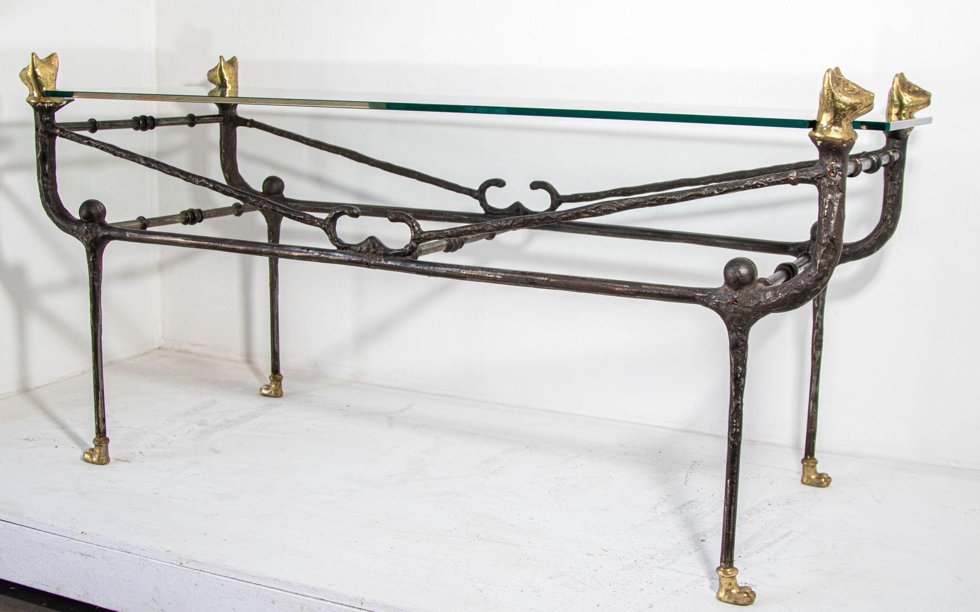 Giacometti Style Sculptural Brutalist Iron and Glass Console Table With Cat Head For Sale 10