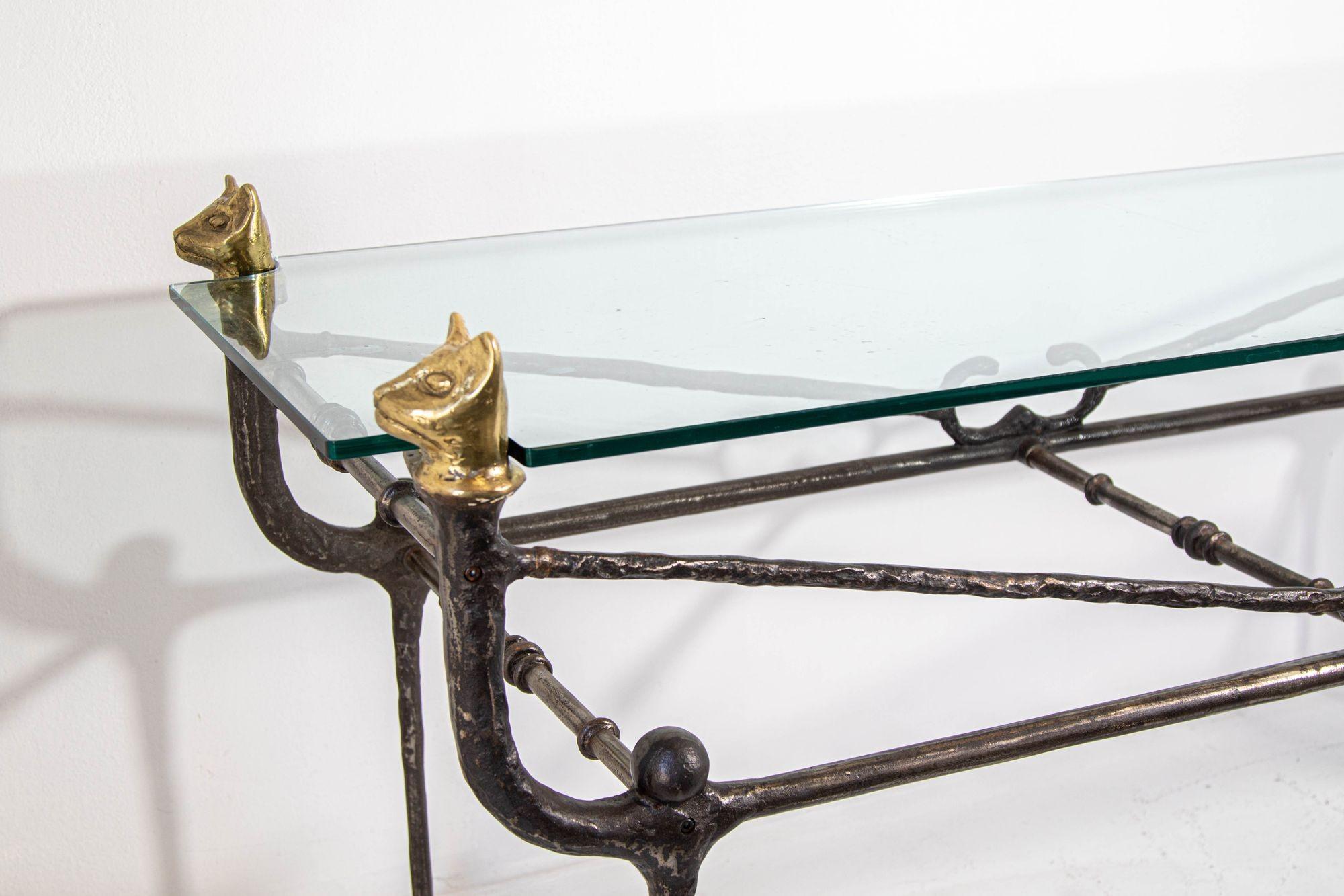 Giacometti Style Sculptural Brutalist Iron and Glass Console Table With Cat Head For Sale 13