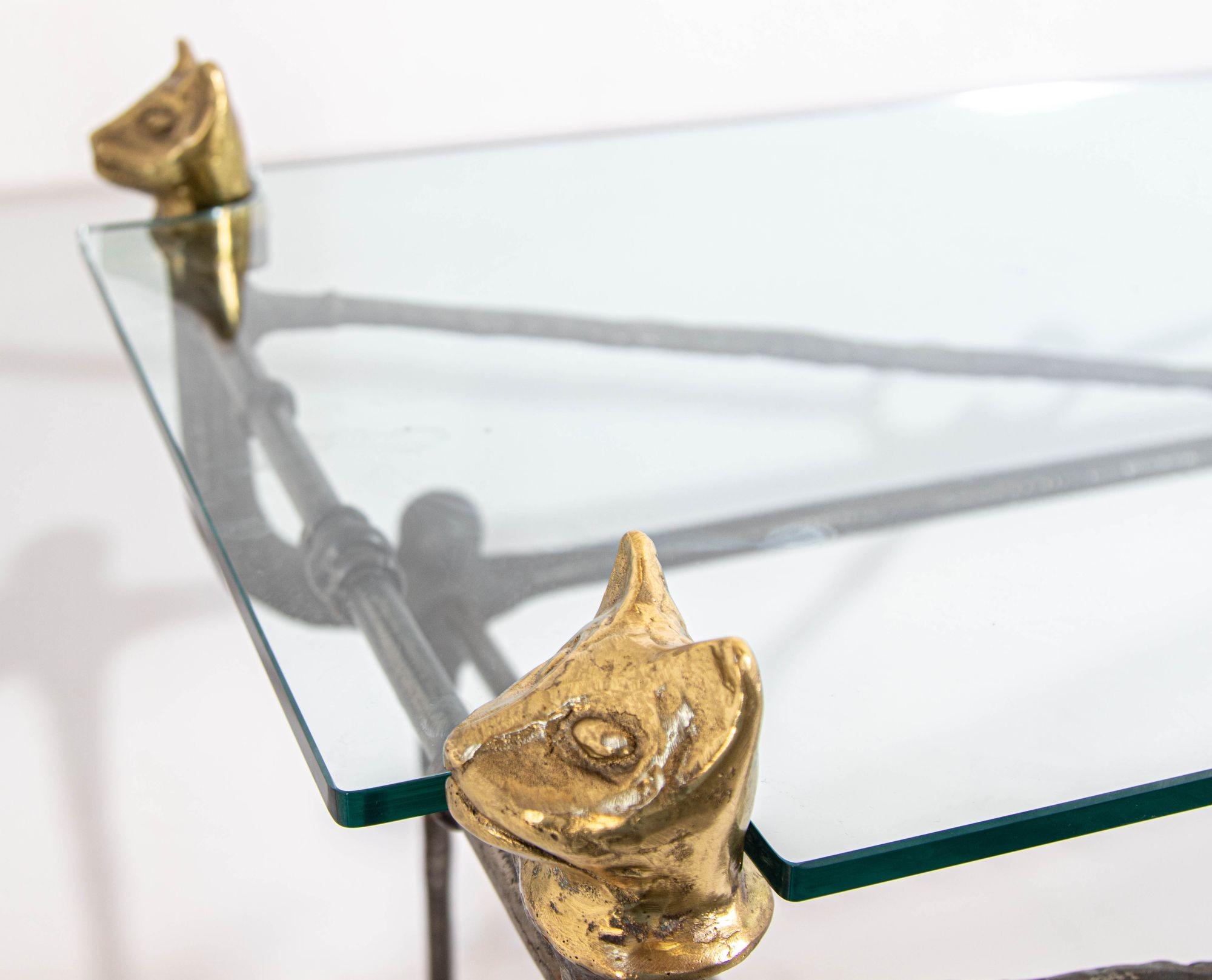Unknown Giacometti Style Sculptural Brutalist Iron and Glass Console Table With Cat Head For Sale