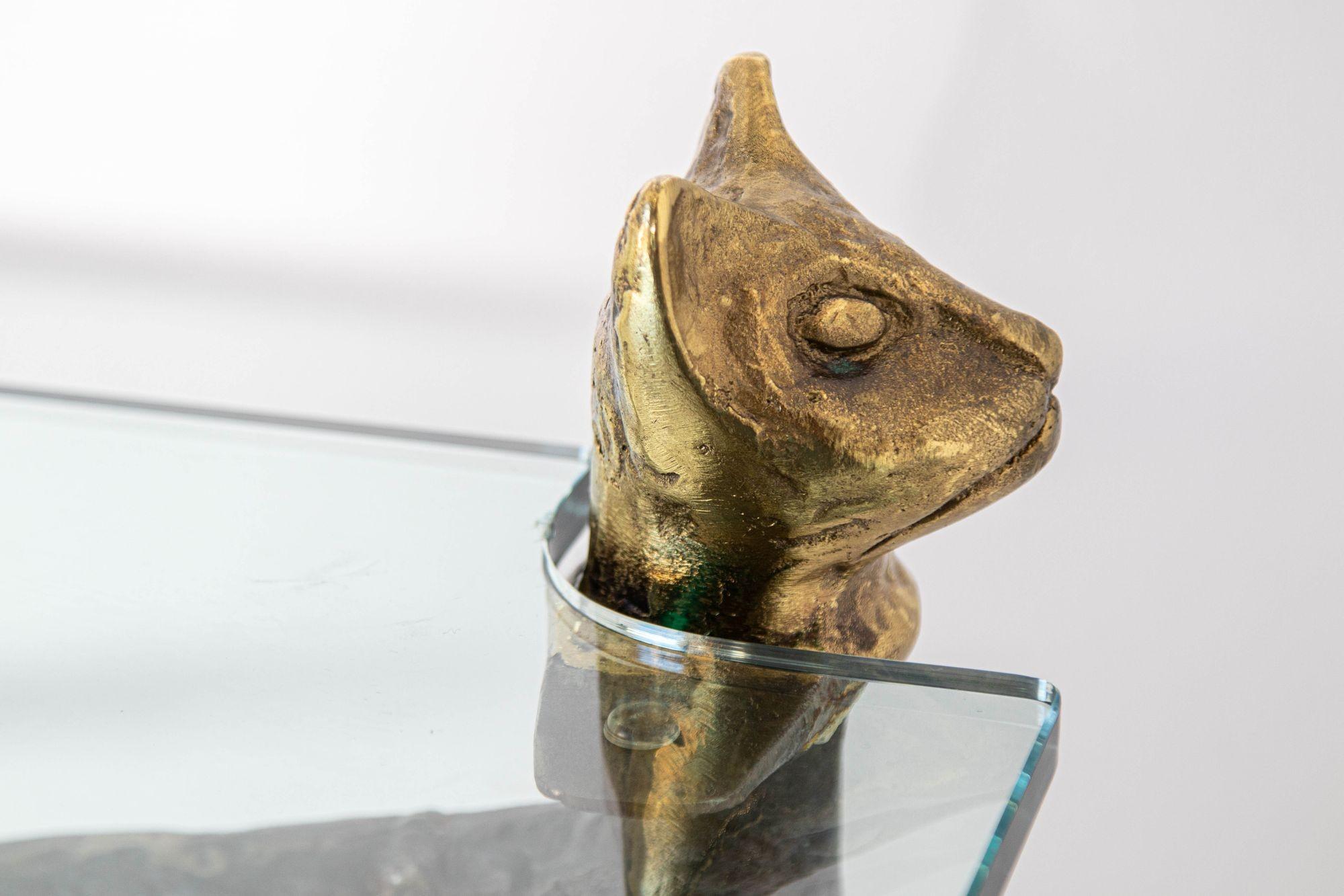 Forged Giacometti Style Sculptural Brutalist Iron and Glass Console Table With Cat Head For Sale