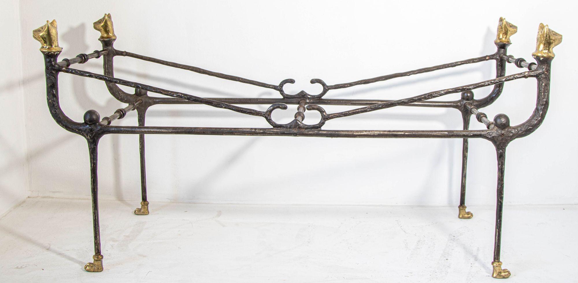 Giacometti Style Sculptural Brutalist Iron and Glass Console Table With Cat Head In Good Condition For Sale In North Hollywood, CA