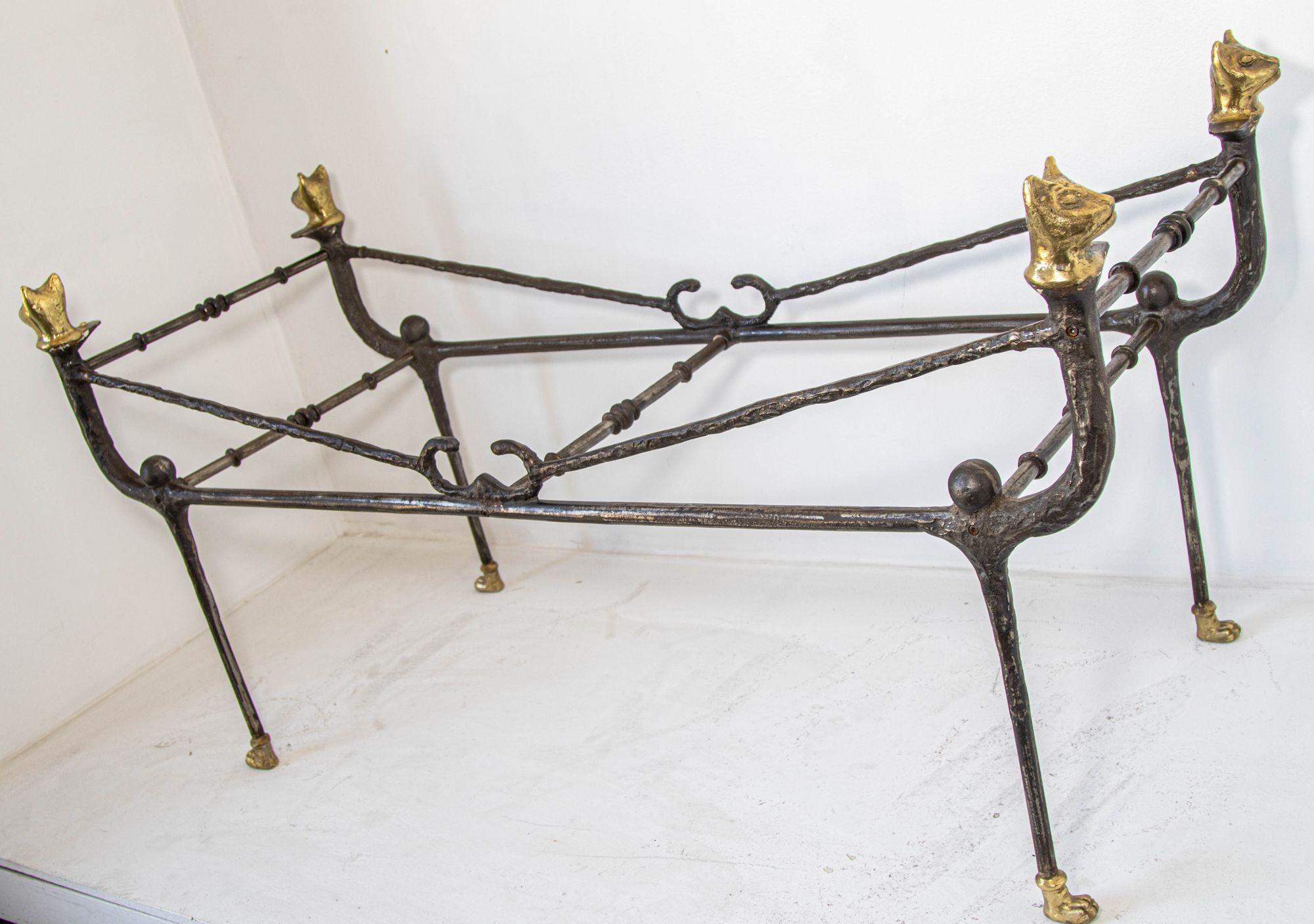20th Century Giacometti Style Sculptural Brutalist Iron and Glass Console Table With Cat Head For Sale
