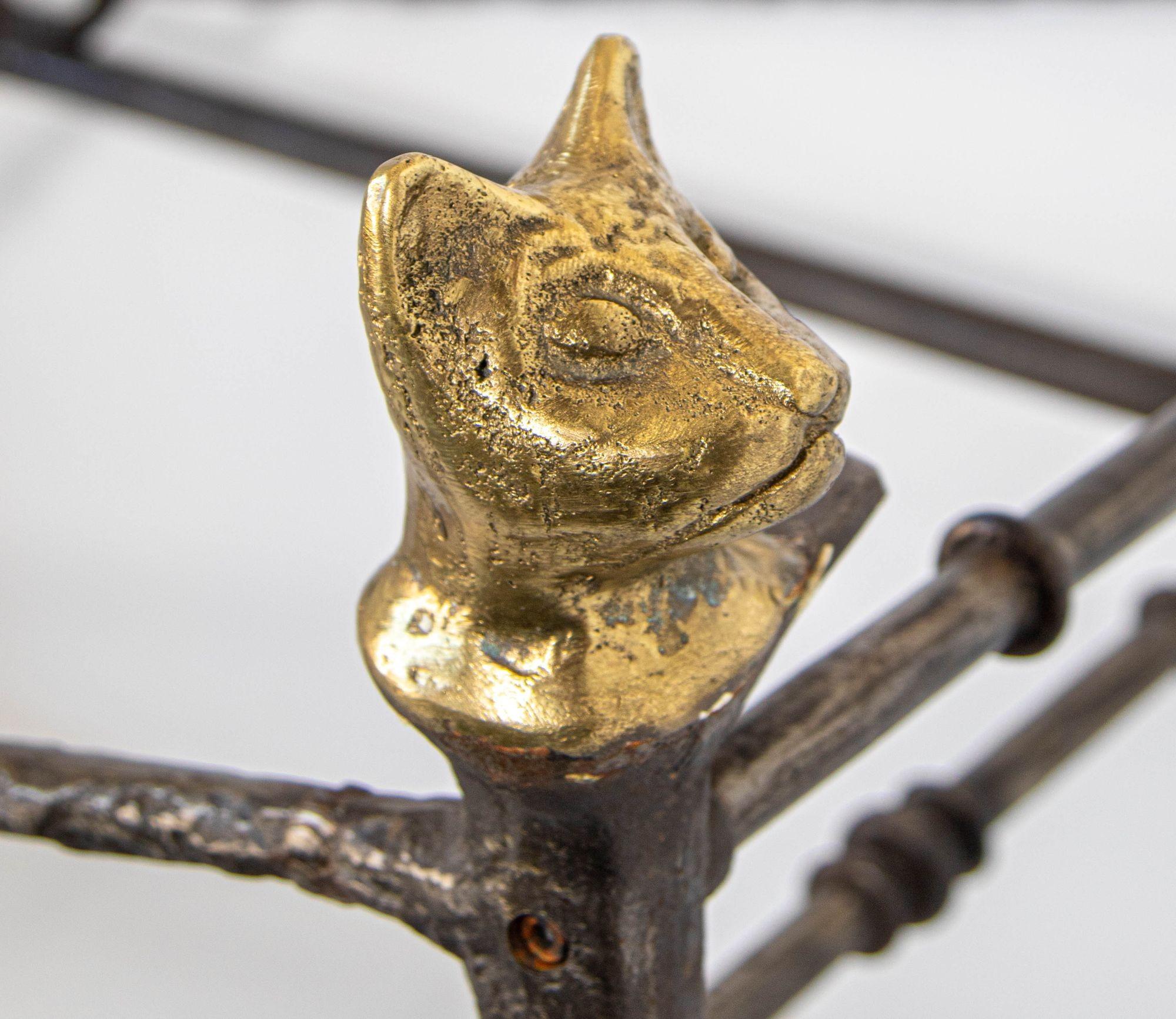 Giacometti Style Sculptural Brutalist Iron and Glass Console Table With Cat Head For Sale 2