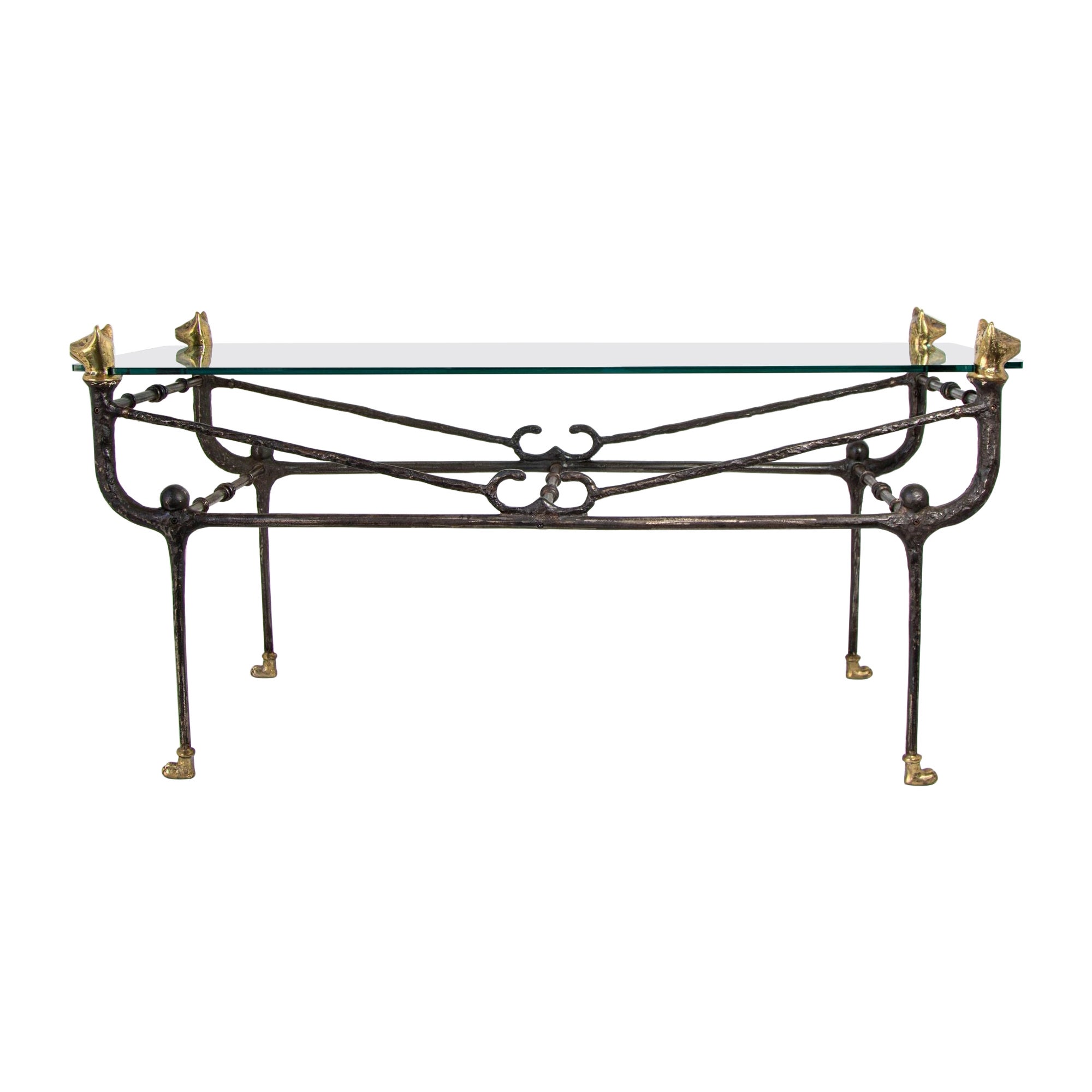 Giacometti Style Sculptural Brutalist Iron and Glass Console Table With Cat Head