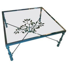 Giacometti Style Square Glass Top Iron Coffee Table with Verdigris Green Patina