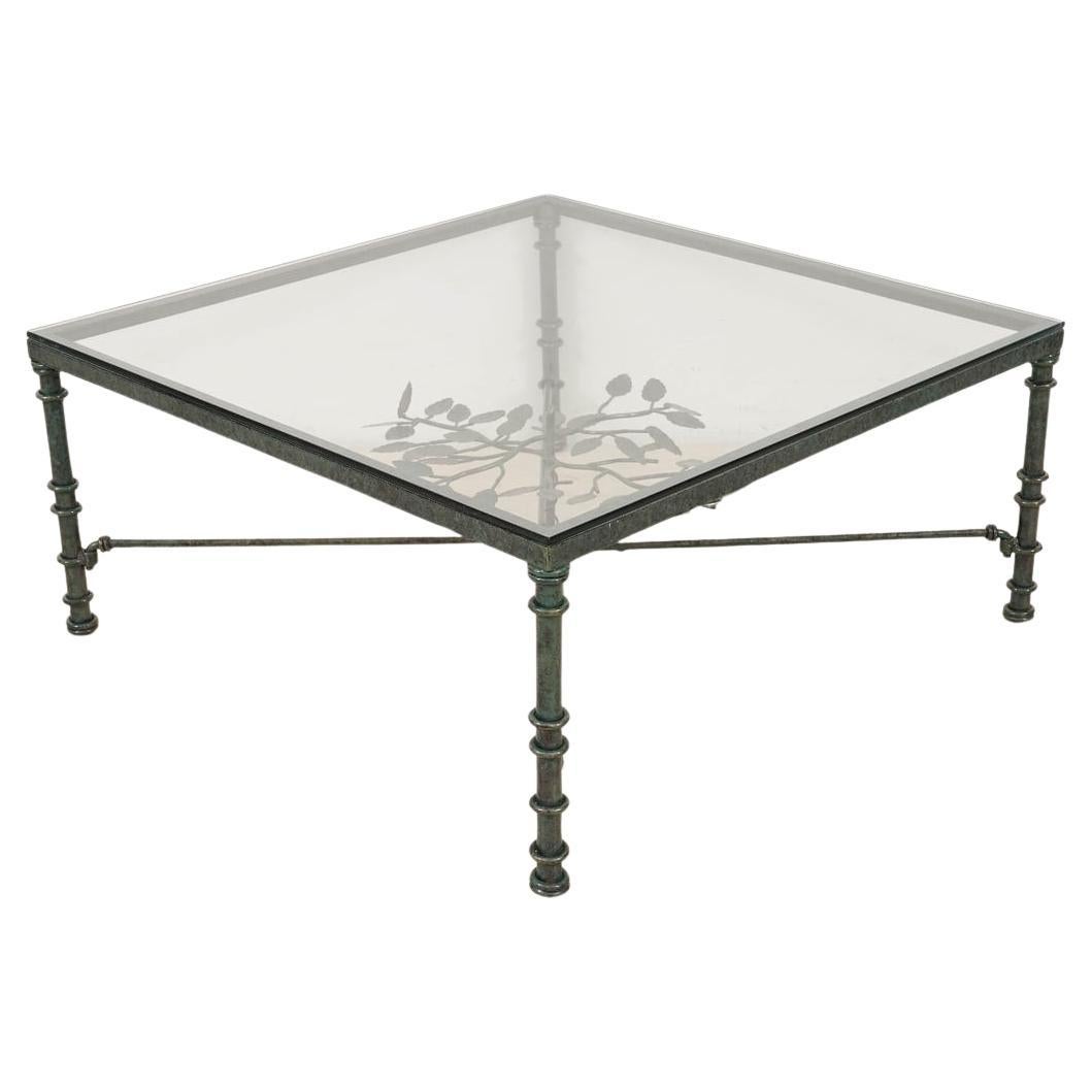 Giacometti Style Square Glass Top Iron Coffee Table with Verdigris Green Patina