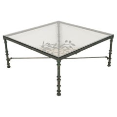 Giacometti Style Square Glass Top Iron Coffee Table with Verdigris Green Patina