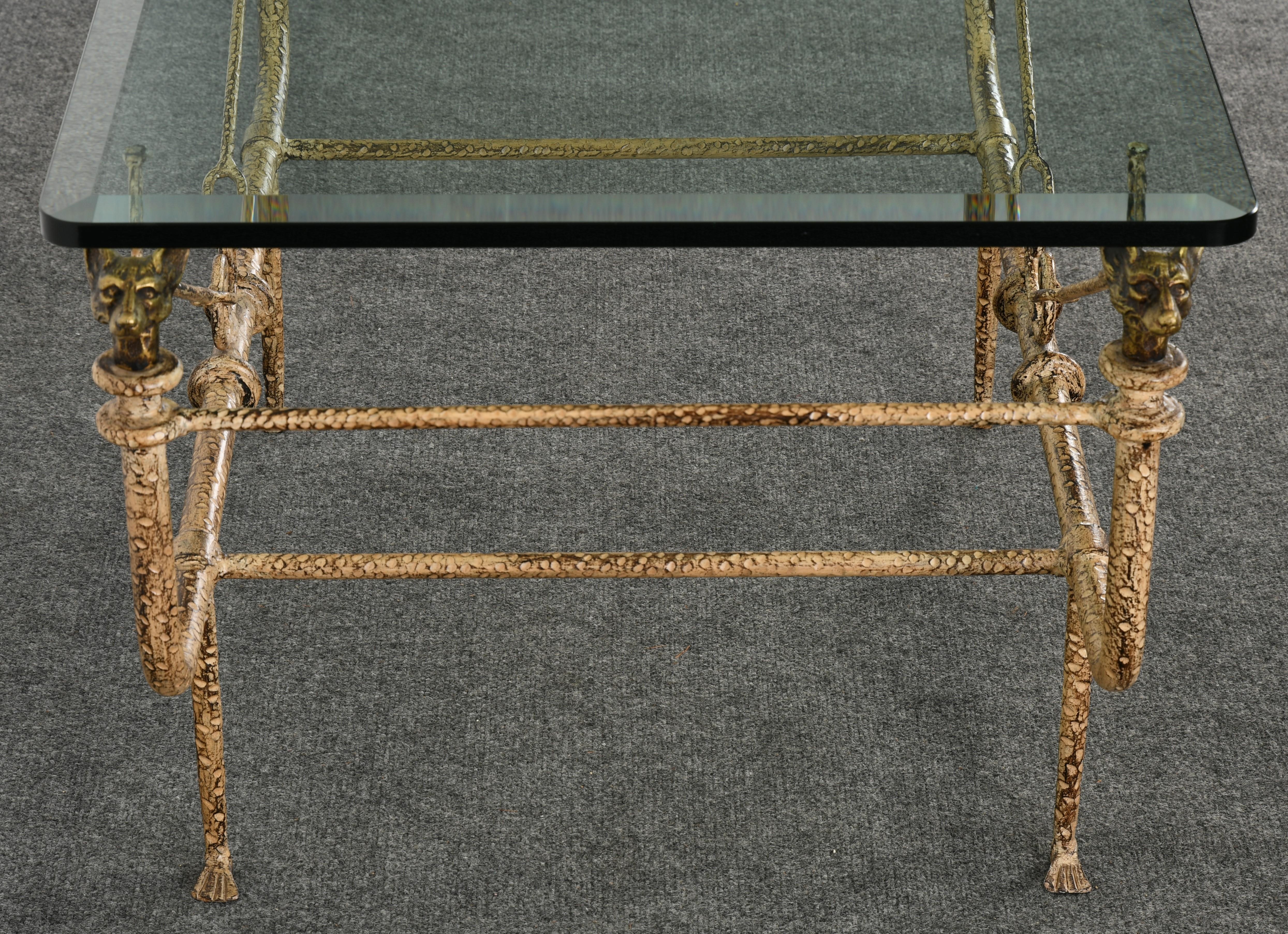 Glass Giacometti Style Wrought Iron Coffee Table by Paul Ferrante, 1980s