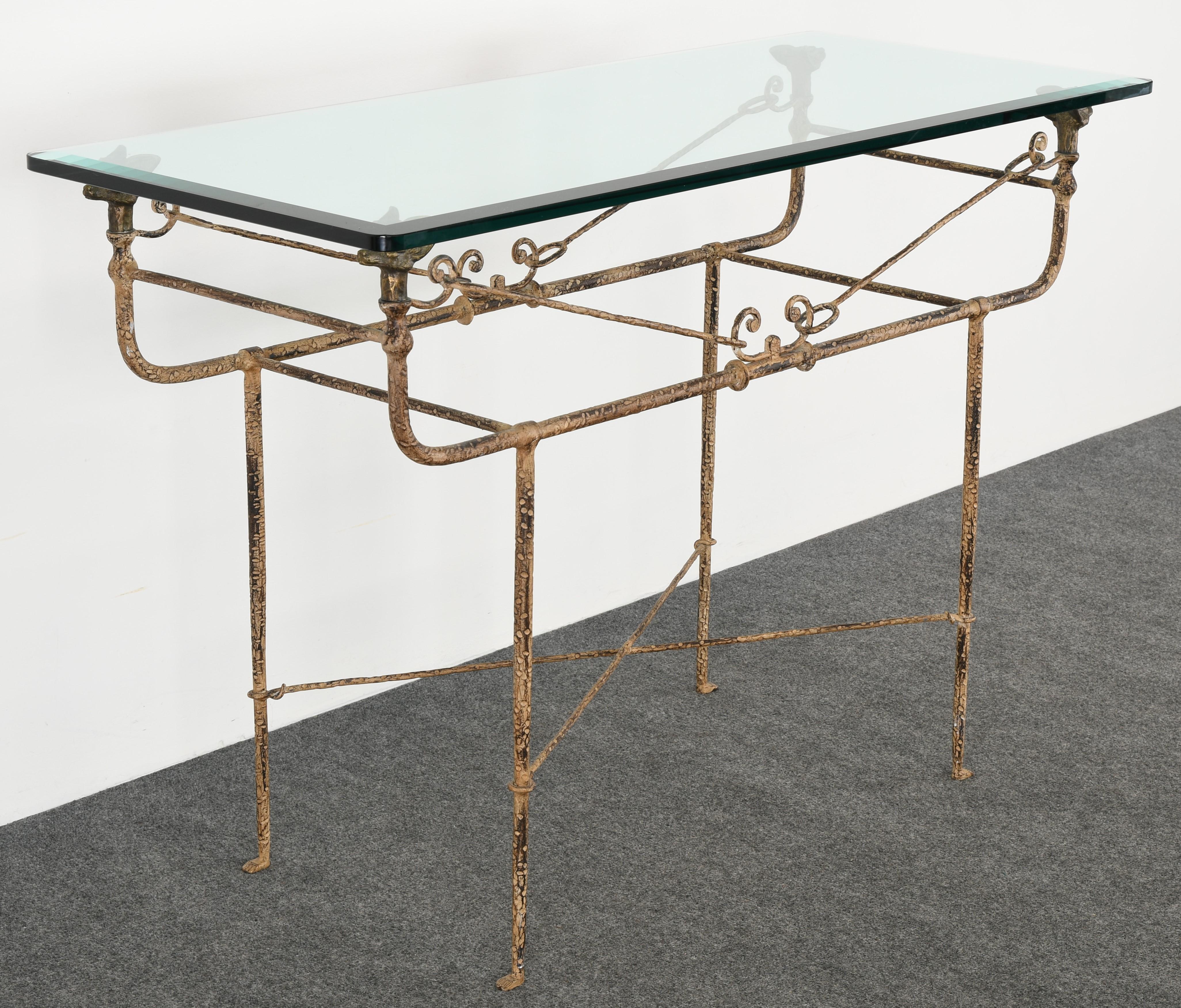 Glass Giacometti Style Wrought Iron Console Table by Paul Ferrante, 1980s
