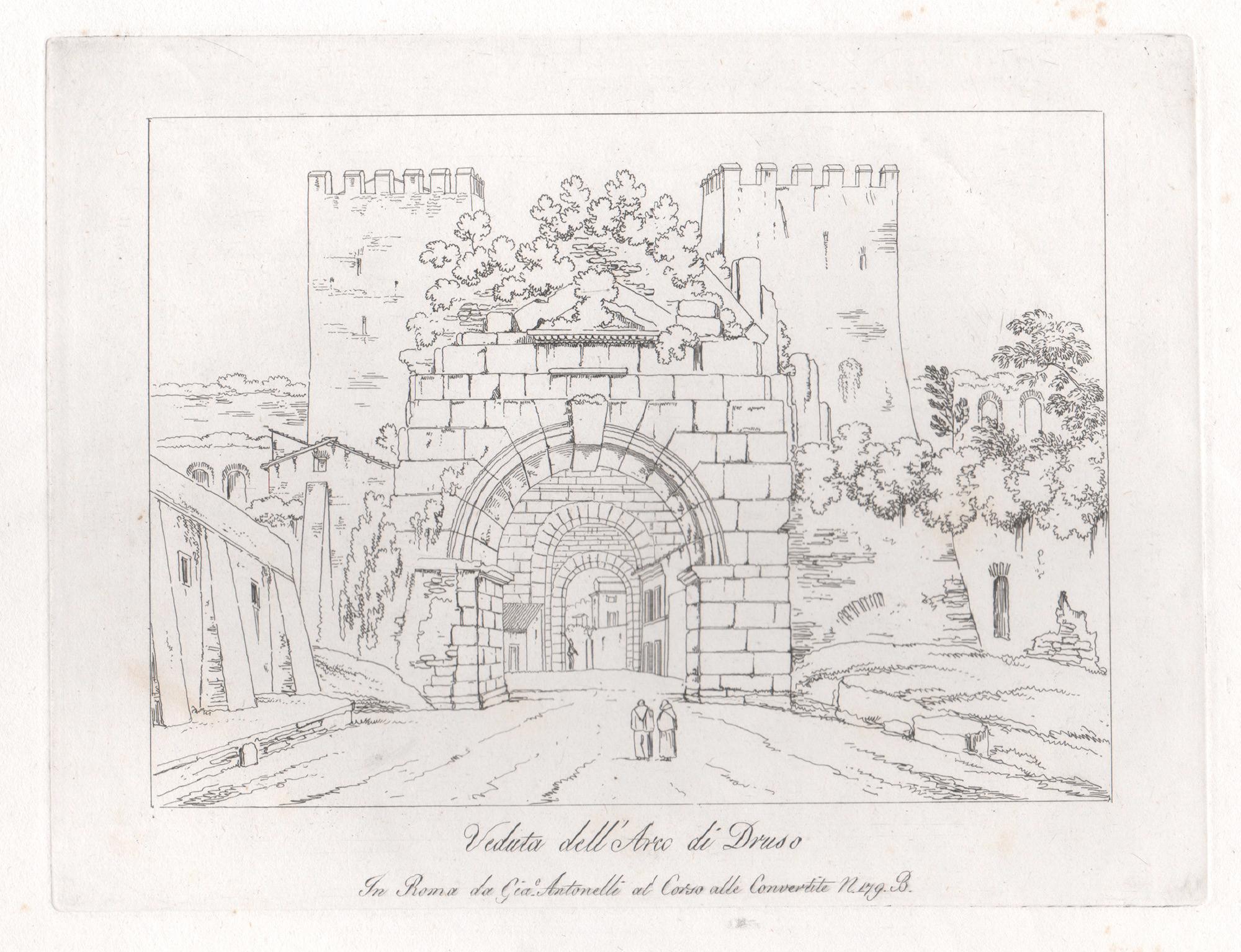 Arch of Drusus, Rome, Italy. Early 19th century etching.