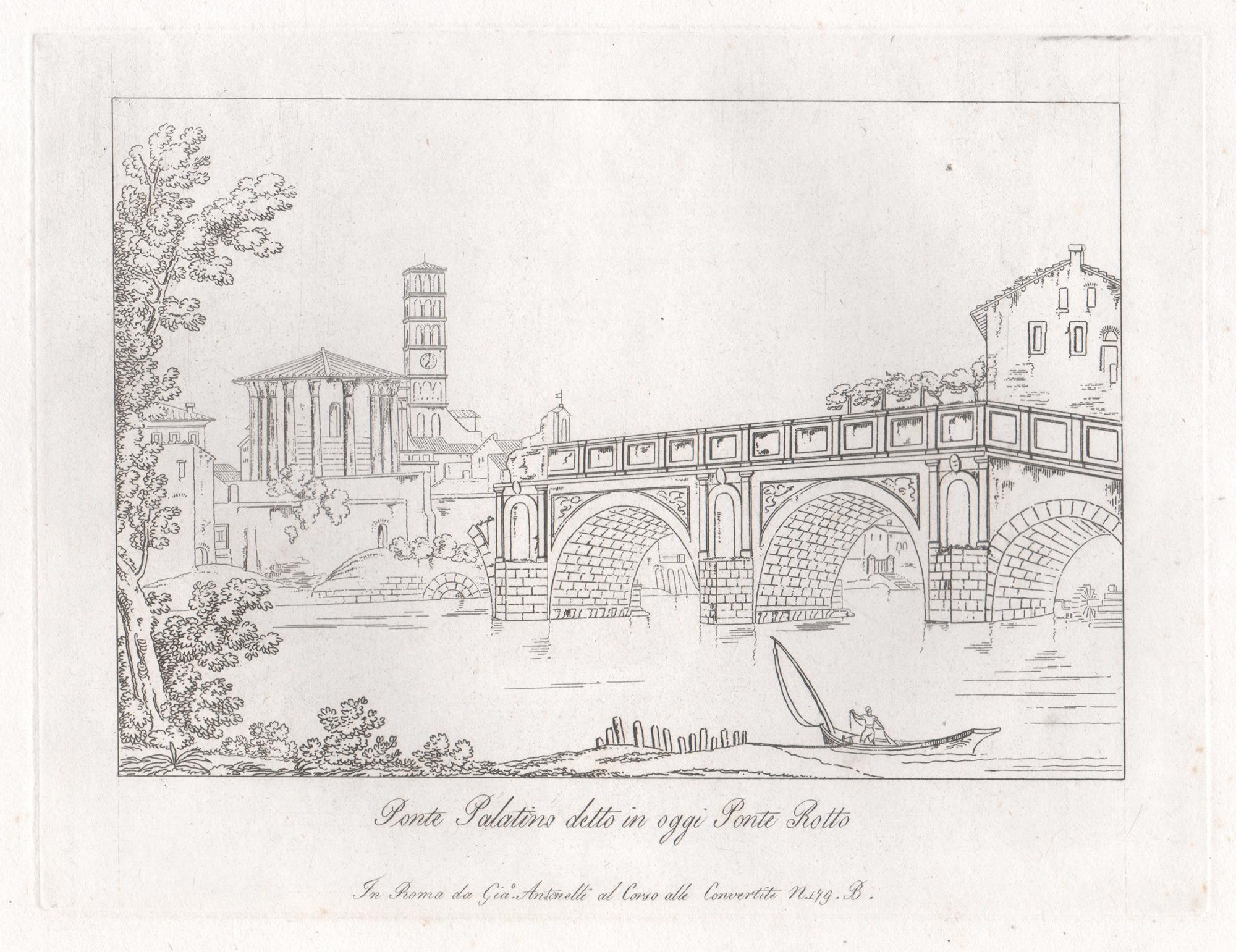 Ponte Palatino or Ponte Rotto, Rome, Italy. Early 19th century etching.
