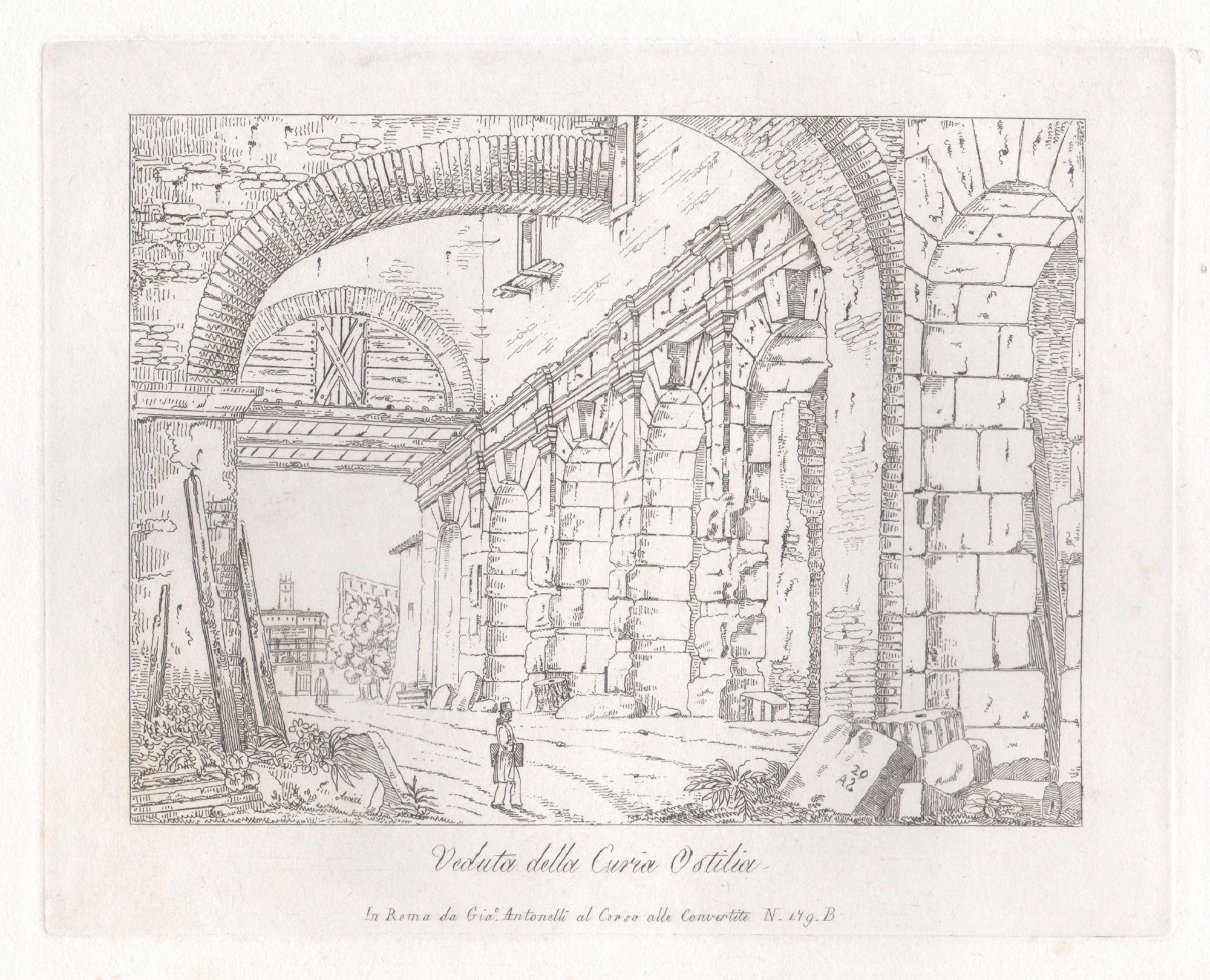 View of the Curia Hostilia, Rome, Italy. Early 19th century etching.