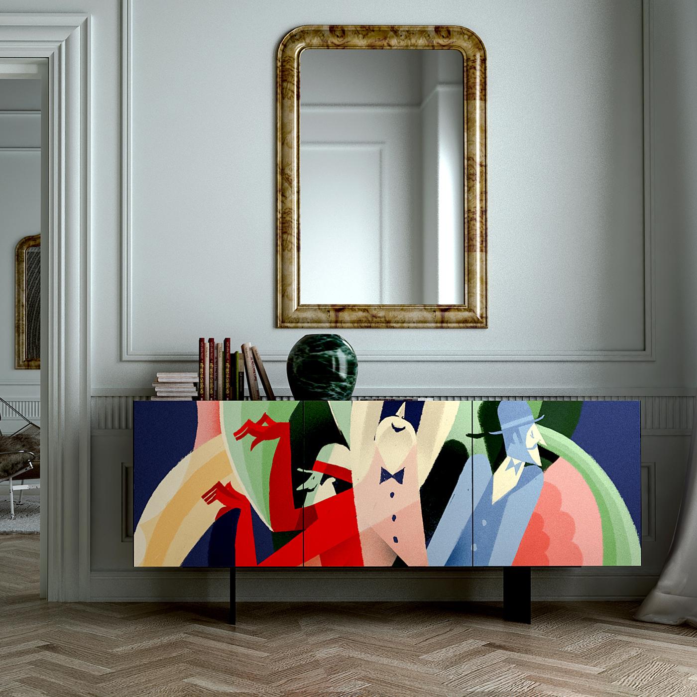 Captivating in its choice of vibrant colors and dynamic figures, this stunning three-door sideboard by Pictoom features a gorgeous digital print by Italian contemporary artist Riccardo Guasco. Reminiscent of futurist or cubist oeuvres by artists