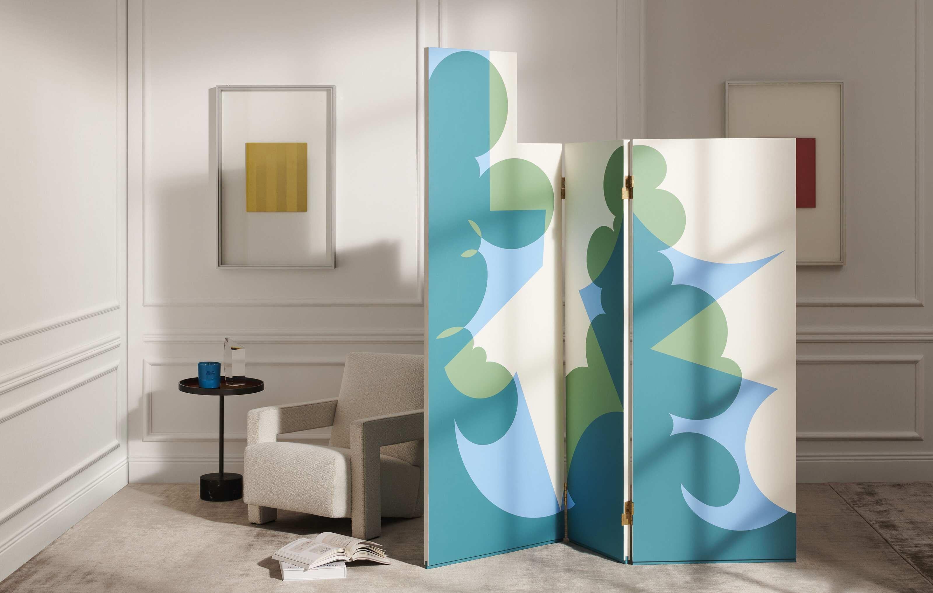 Giacomo Balla Paravento Balla Fondo Bianco, Motivo Verde e Blu For Cassina For Sale 3