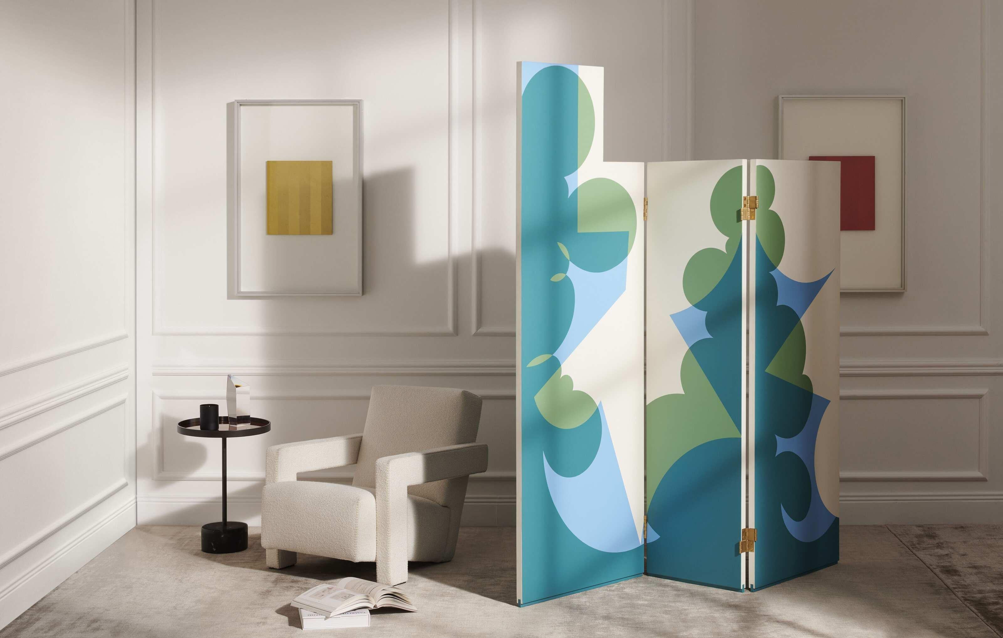 Giacomo Balla Paravento Balla Fondo Bianco, Motivo Verde e Blu For Cassina For Sale 1