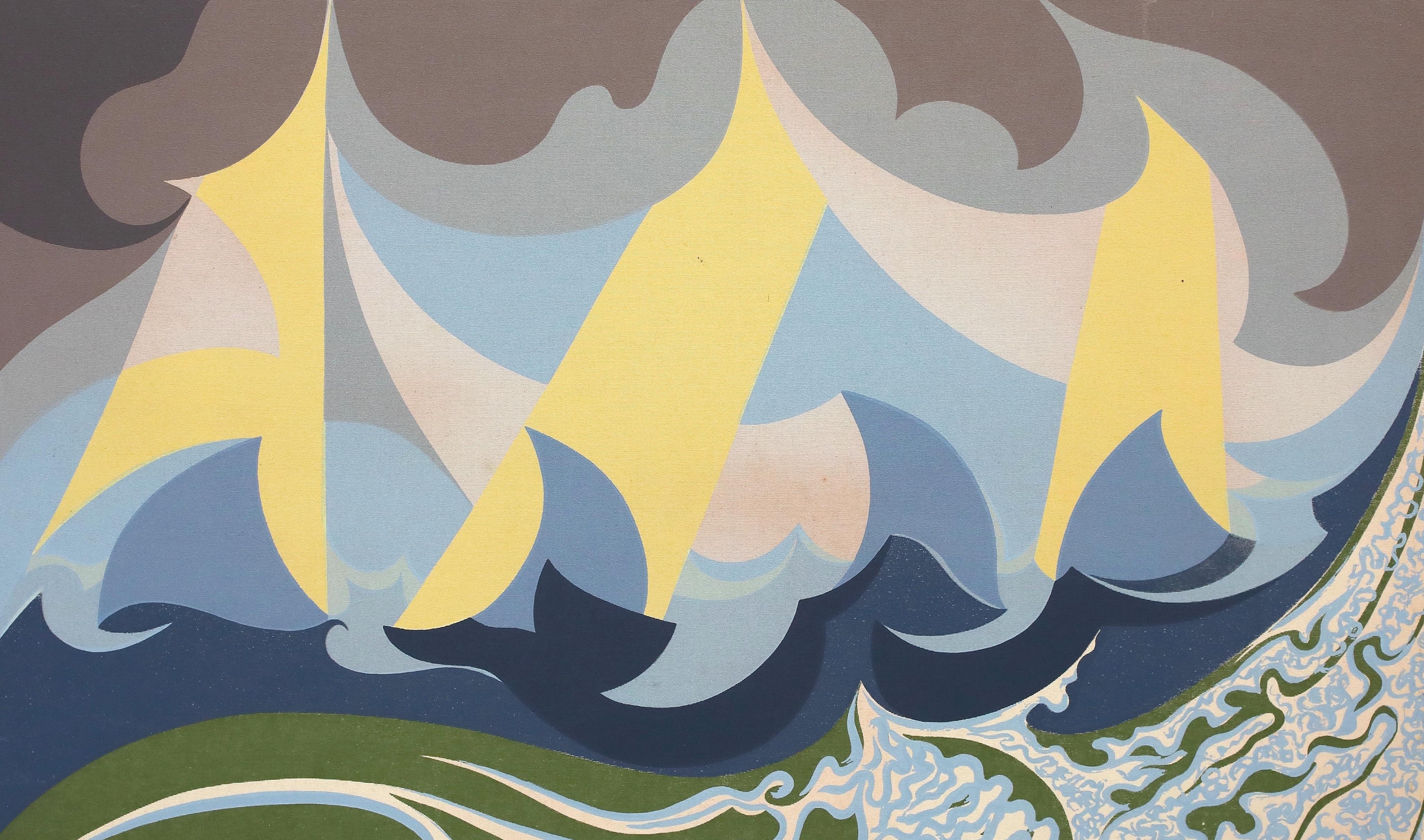 Futur Libecciata is a rare original colored artwork realized by the Futurist artist Giacomo Balla in 1920.

Serigraph on canvas-tapestry. Includes a hand-painted frame.

This artwork in Futurism style represents, as expressed by the title itself,