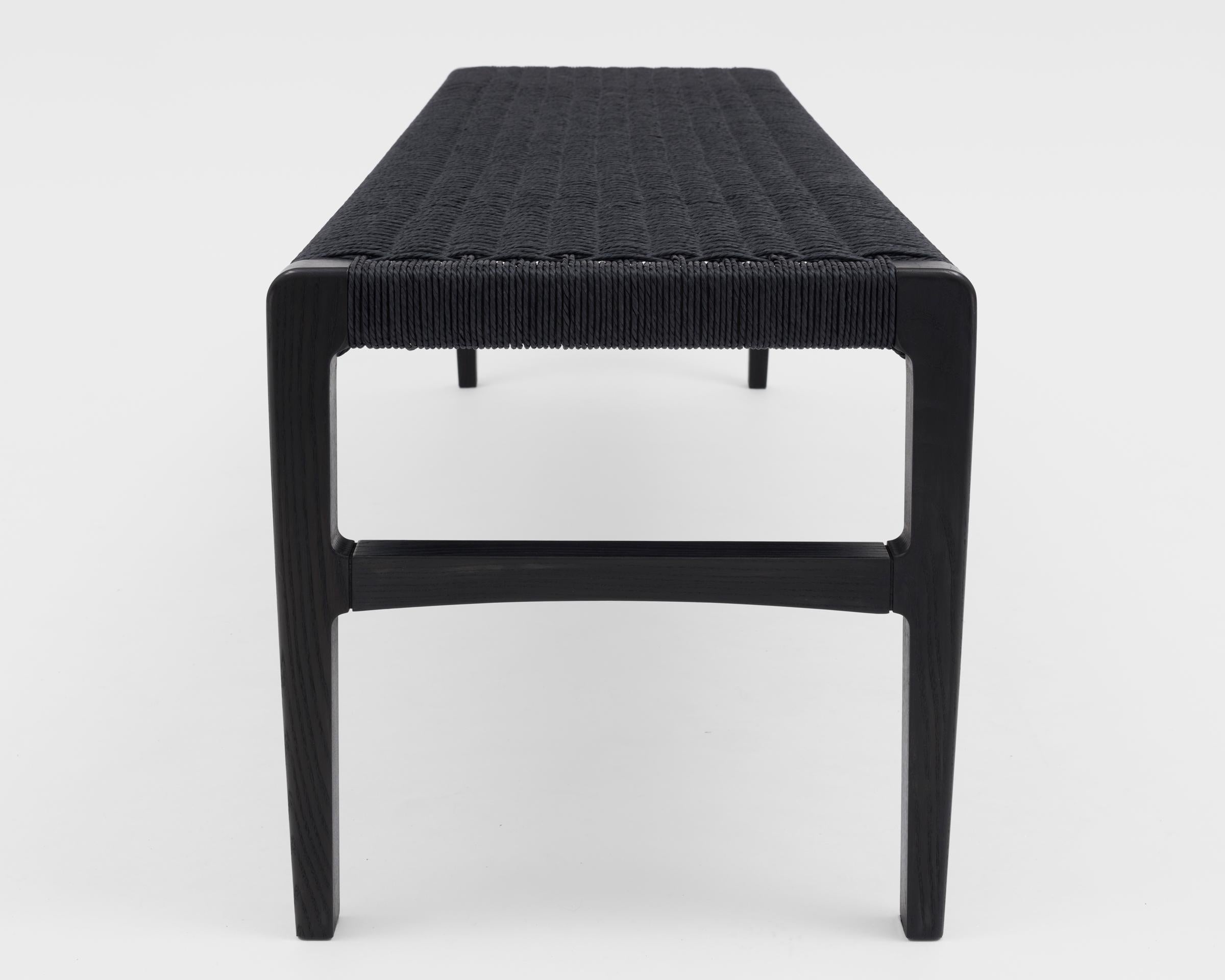 Mid-Century Modern Giacomo Bench, Ebonized Ash with Handwoven Black Danish Cord For Sale