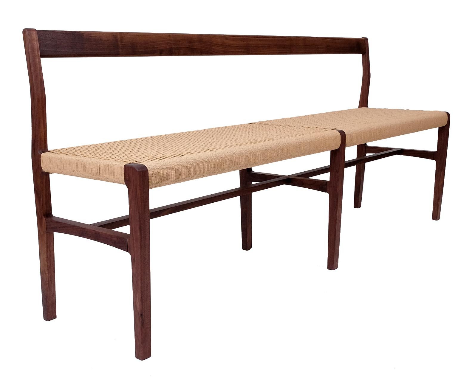 American Giacomo Bench with Back, extra-long in Walnut with Danish Cord Seat For Sale