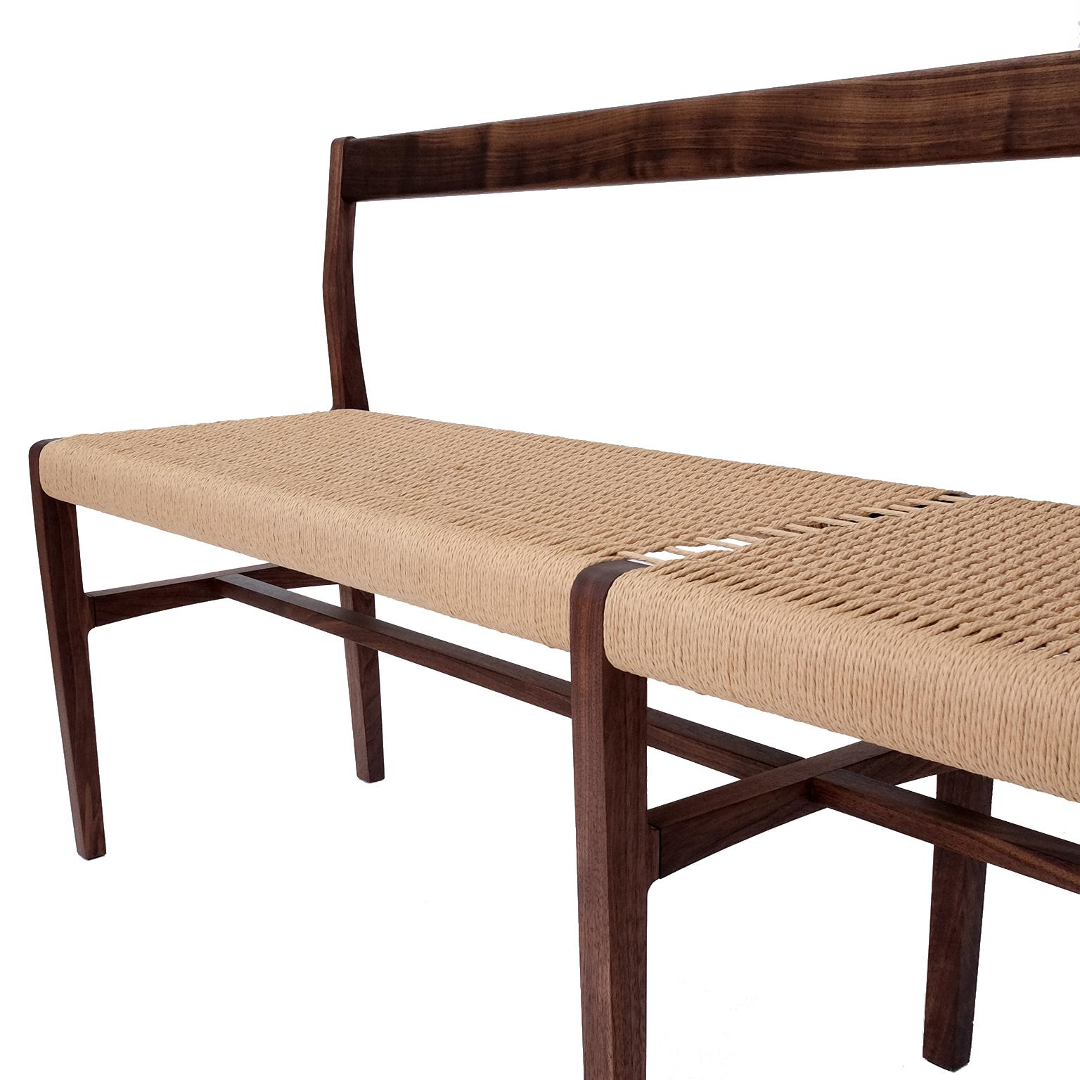Oiled Giacomo Bench with Back, extra-long in Walnut with Danish Cord Seat For Sale