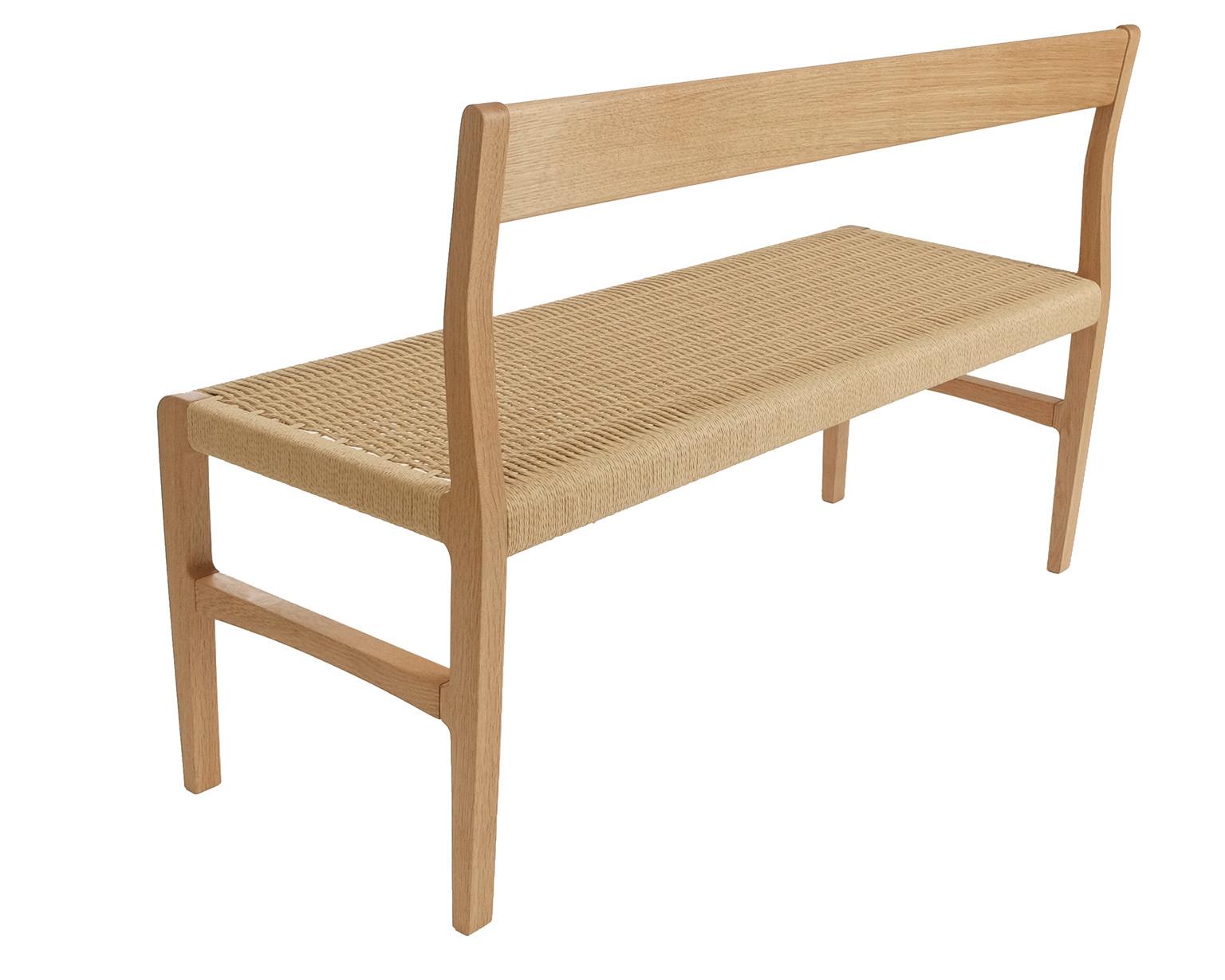 Oiled Giacomo Bench with Back, Solid White Oak with Handwoven Danish Cord Seat For Sale